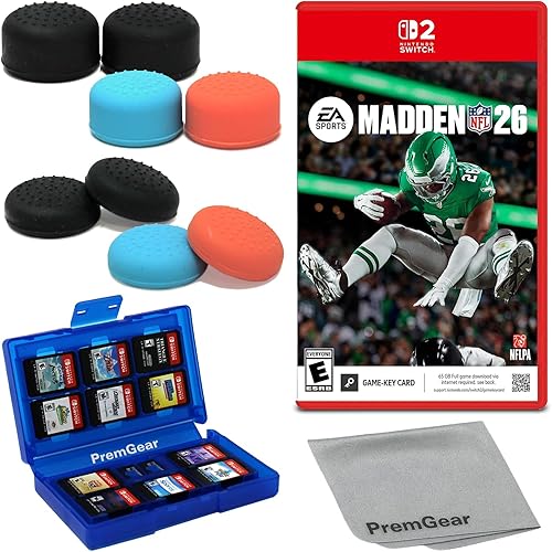 Madden NFL 26 for Nintendo Switch 2 (US Version), with PremGear Thumb Grips (8 pack, 3 colors, 2 Heights - 3mm, 7mm), 24 Slot Game Card Holder & Cleaning Cloth