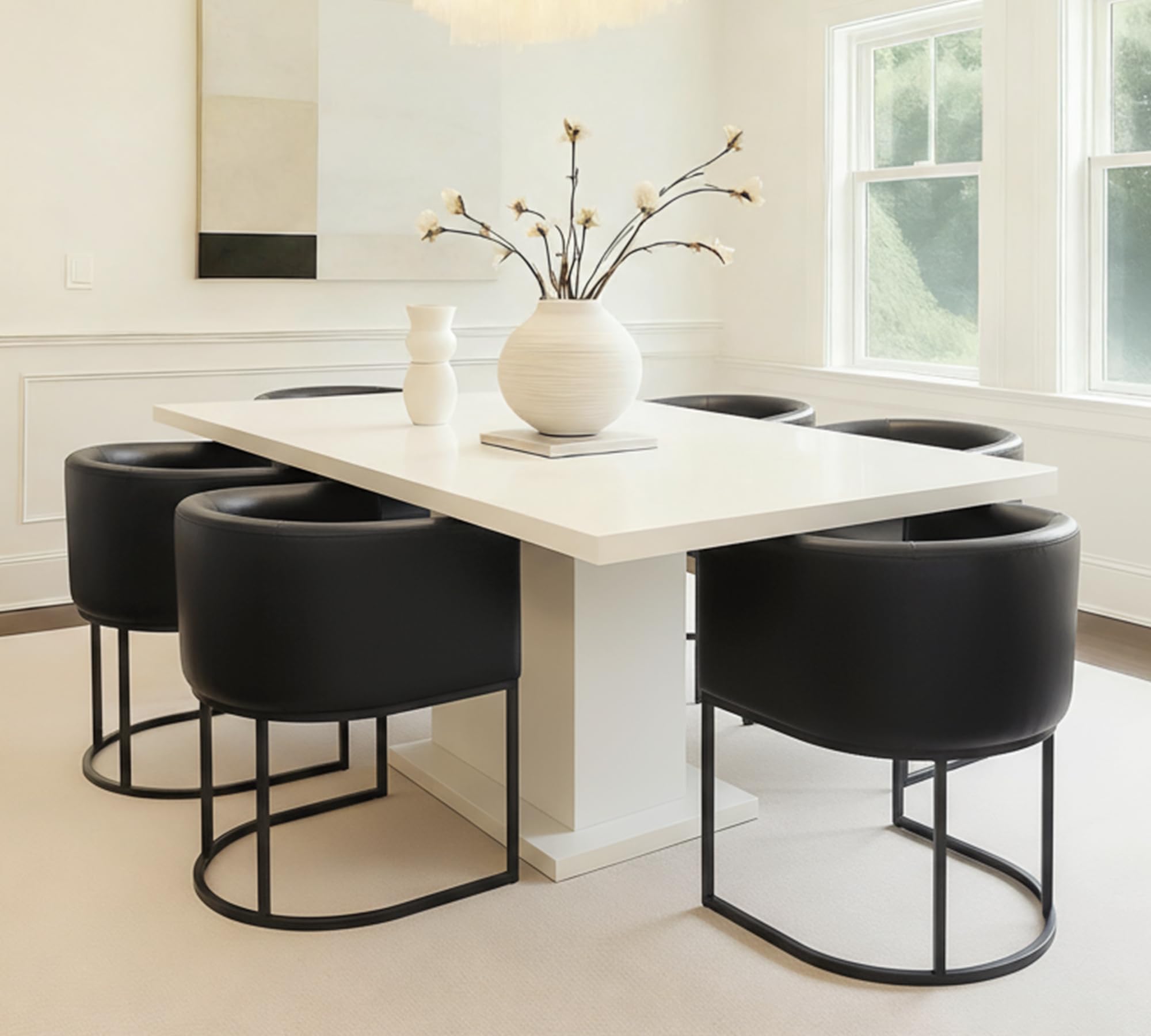 HNY Mid Century Modern Upholstered Barrel Black Dining Chairs with Arms Set of 6, Leather Kitchen &amp; Dining Room Chairs, 18.5" Wide Accent Chairs for Dining Room Living Room with Black Metal Frame