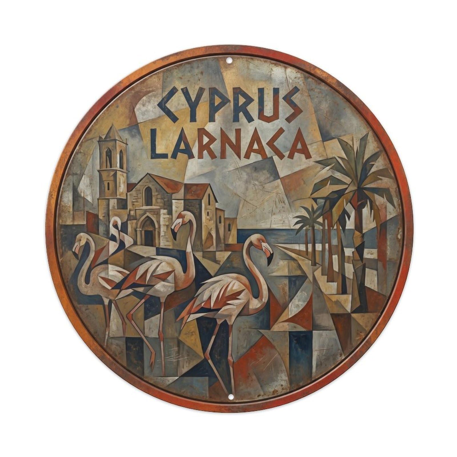 Cyprus Larnaca Flamingos Geometric Cubist Island Nature Metal Tin Sign