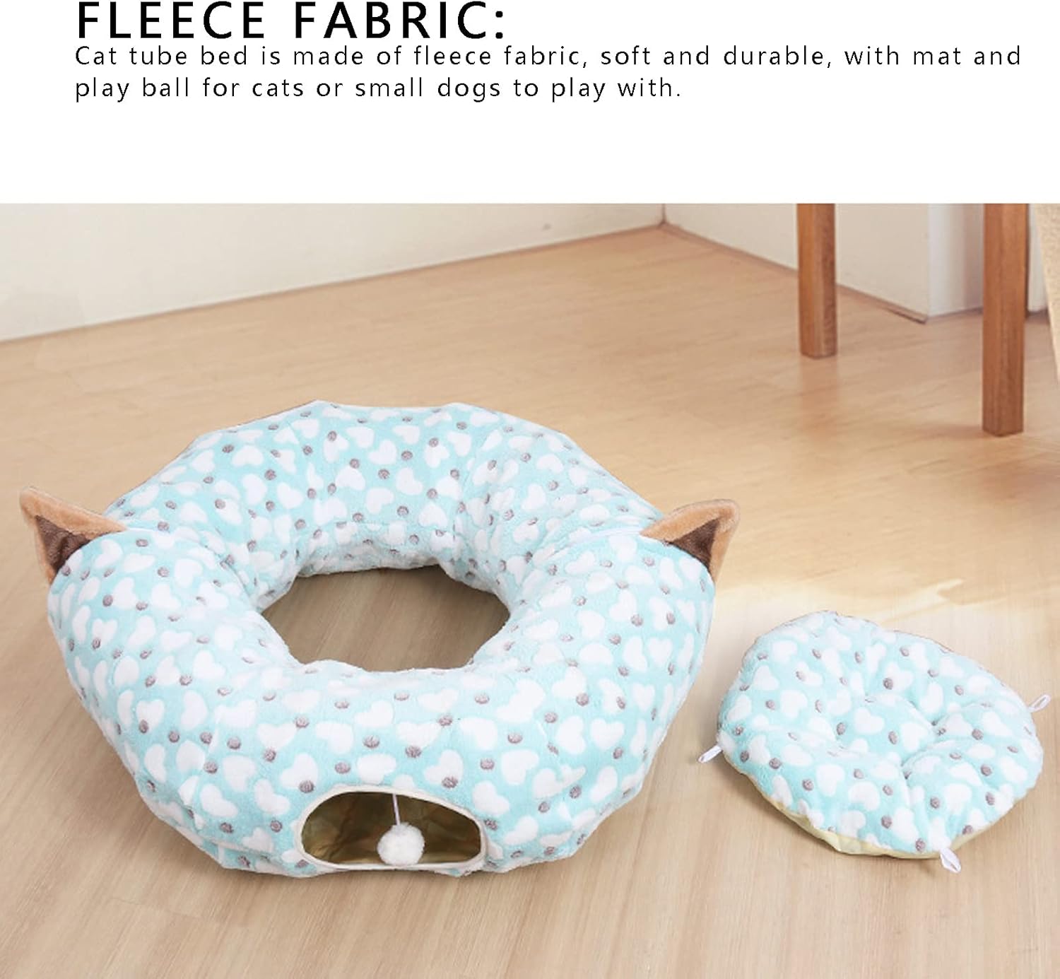 Luqeeg Cat Tunnel Bed, Fleece Fabric Soft Durable Large Space Foldable 3 Way Tunnel Round Design Pet Bed Heart Pattern Pet Cave Tube with Mat Play Ball for Cats, Puppies, Kittens