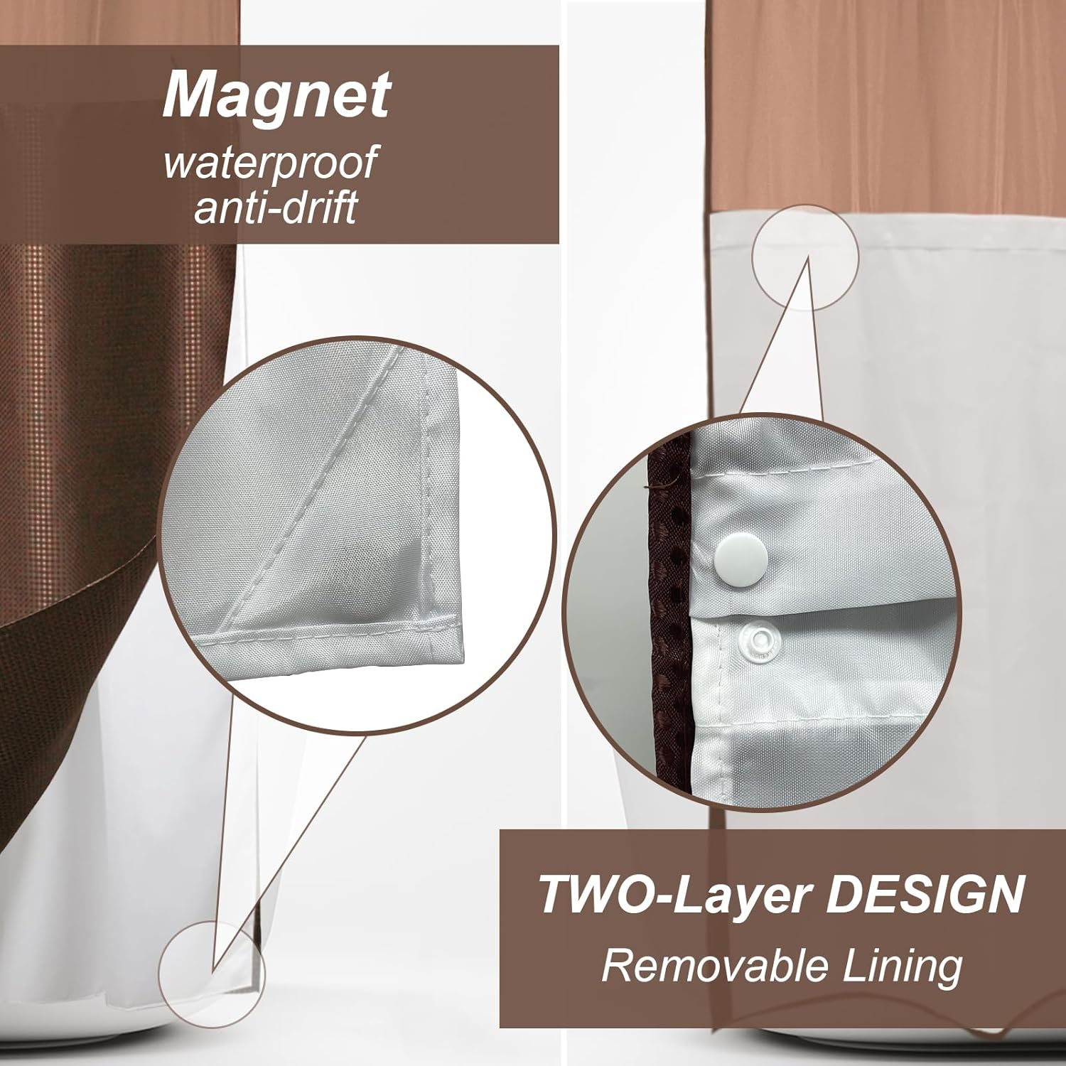 Brown Waffle Weave Shower Curtain with Snap in Liner Polyester Fabric Hotel and Spa Bathroom Decor Set Waterproof Detachable Washable No Hook 72 W x 74 H Inch