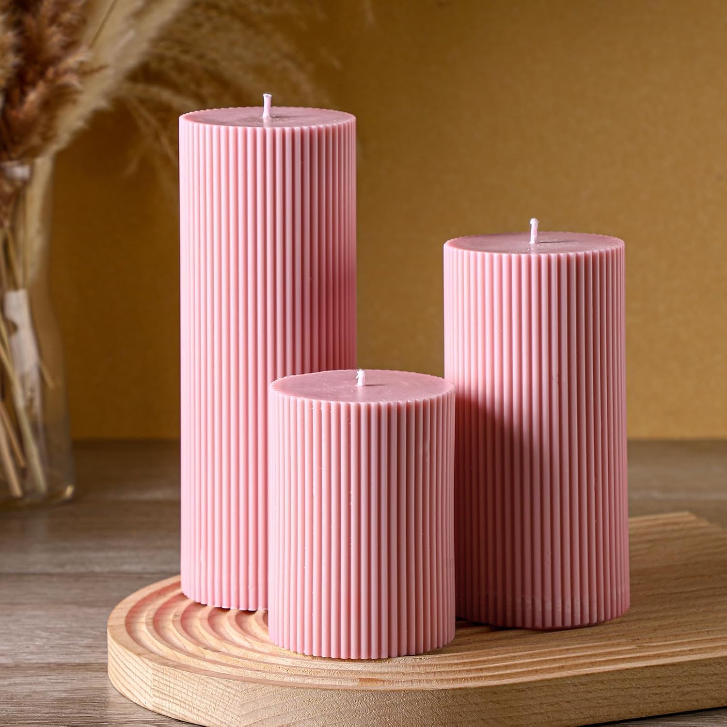 CANDLE CABINETS Ribbed Pillar Candles (Set of 3) – 5 * 2 Inch Tall Orchid Scented Soy Wax – Aesthetic Fluted Design for Modern Home & Bathroom Decor (Pink)-image-22