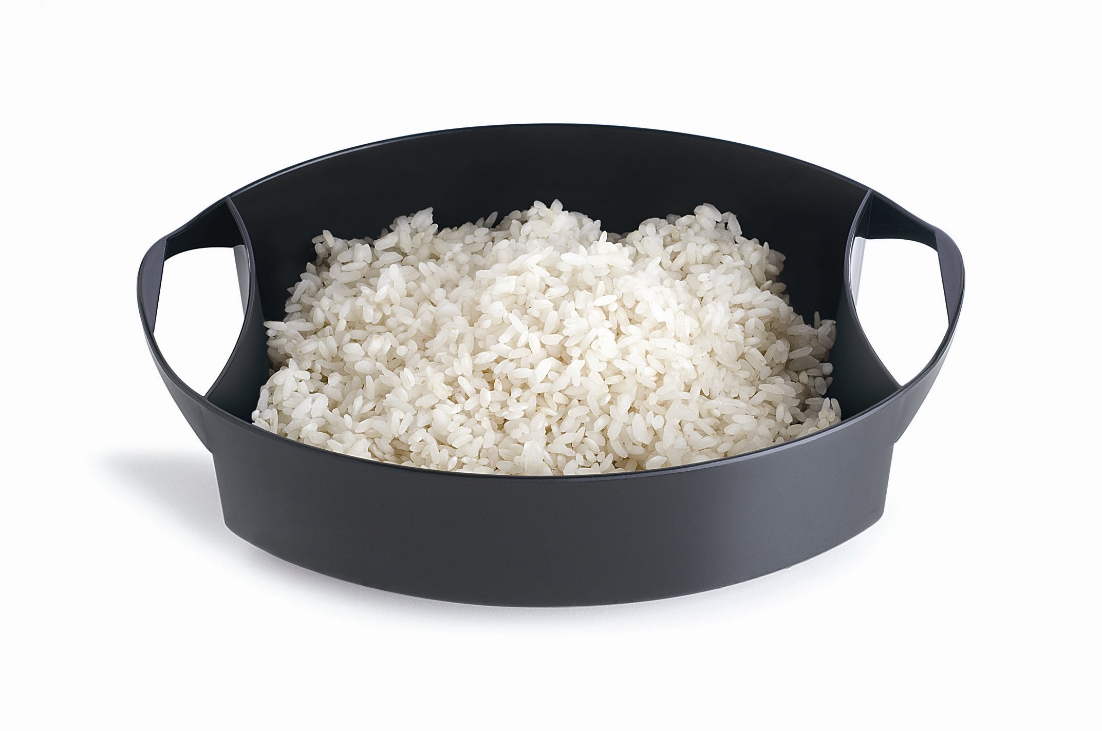 Black rice bowl filled with cooked white rice.