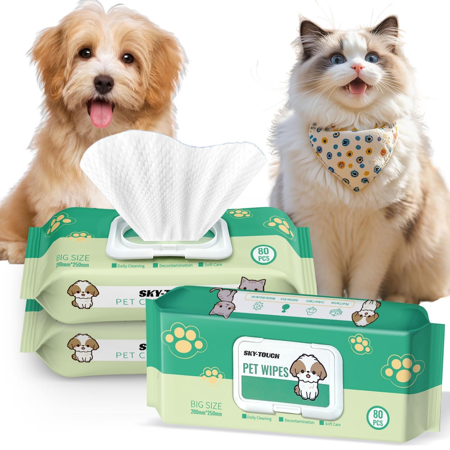 SKY-TOUCH Dog Wipes 80pcs, Plus Size Pet Grooming Wipes for Dogs & Cats, for full body, eye wipes, ear wipes, Paws, & Butt Unscented (Green,1 pack) 80 Count (1 Pack) Green