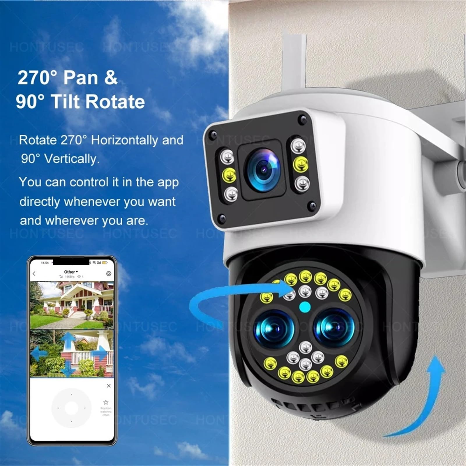 4K 8MP Tre lenti PTZ Doppi schermi Zoom ottico 10X Visione notturna a colori Monitoraggio automatico Telecamera IP di sorveglianza esterna per la sicurezza domestica(8MP Camera 64GB)