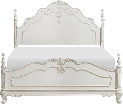 Victorian Style Antique White Full Bed 1pc Traditional Bedroom Furniture Floral Motif Carving Classic Look Posts