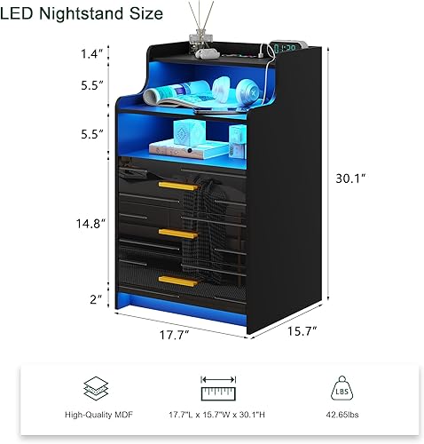 Miniatura 2 de HNEBC Mesita de noche LED RGB con estación de carga, mesita de noche negra con 3 cajones, mesita de noche inteligente con puertos de carga