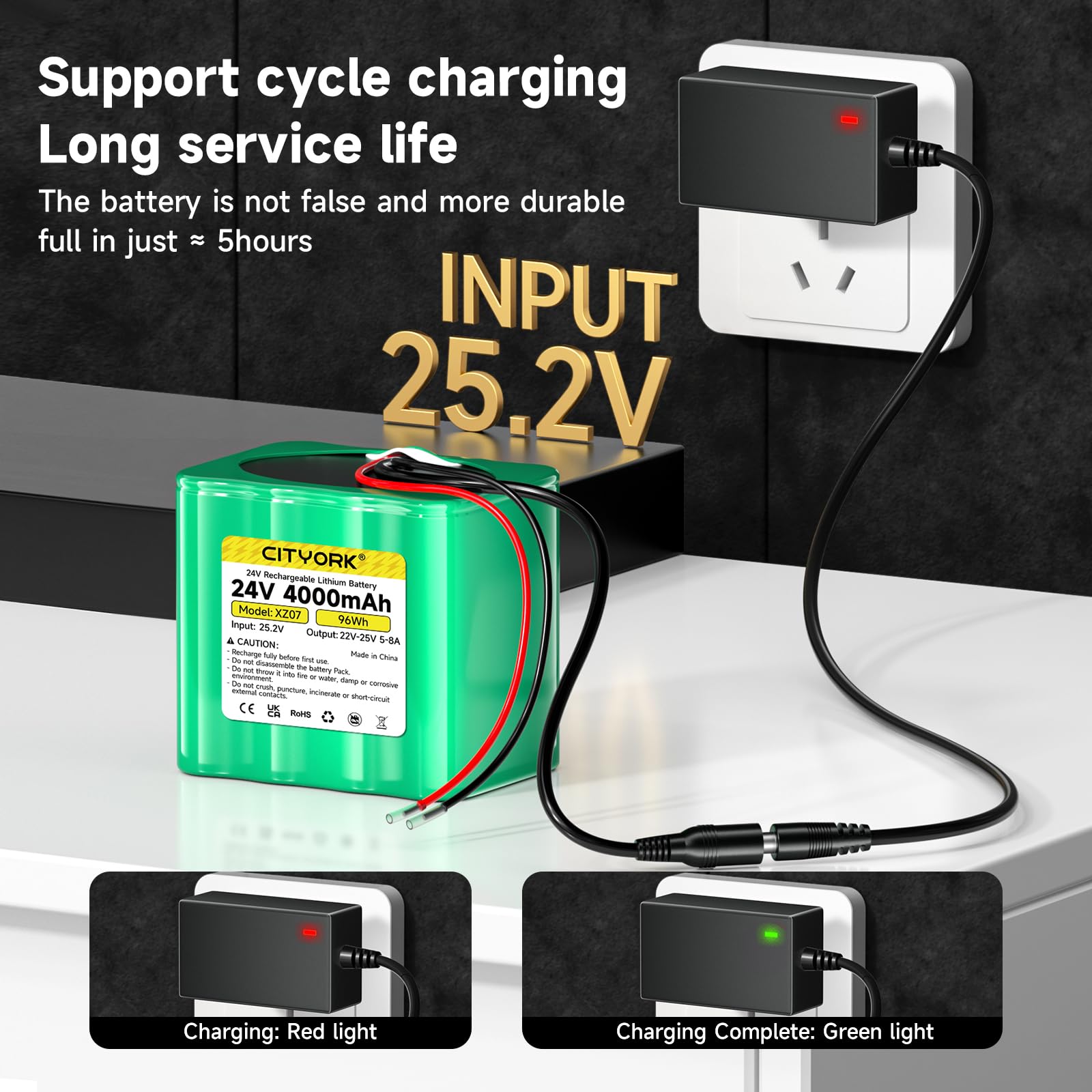 CITYORK Batteria al litio da 24 V 4000 mAh e caricabatterie, cavo di prolunga per progetti fai da te, lanterne solari stradali, fotocamera CCTV, altoparlante, spruzzatore e altro ancora