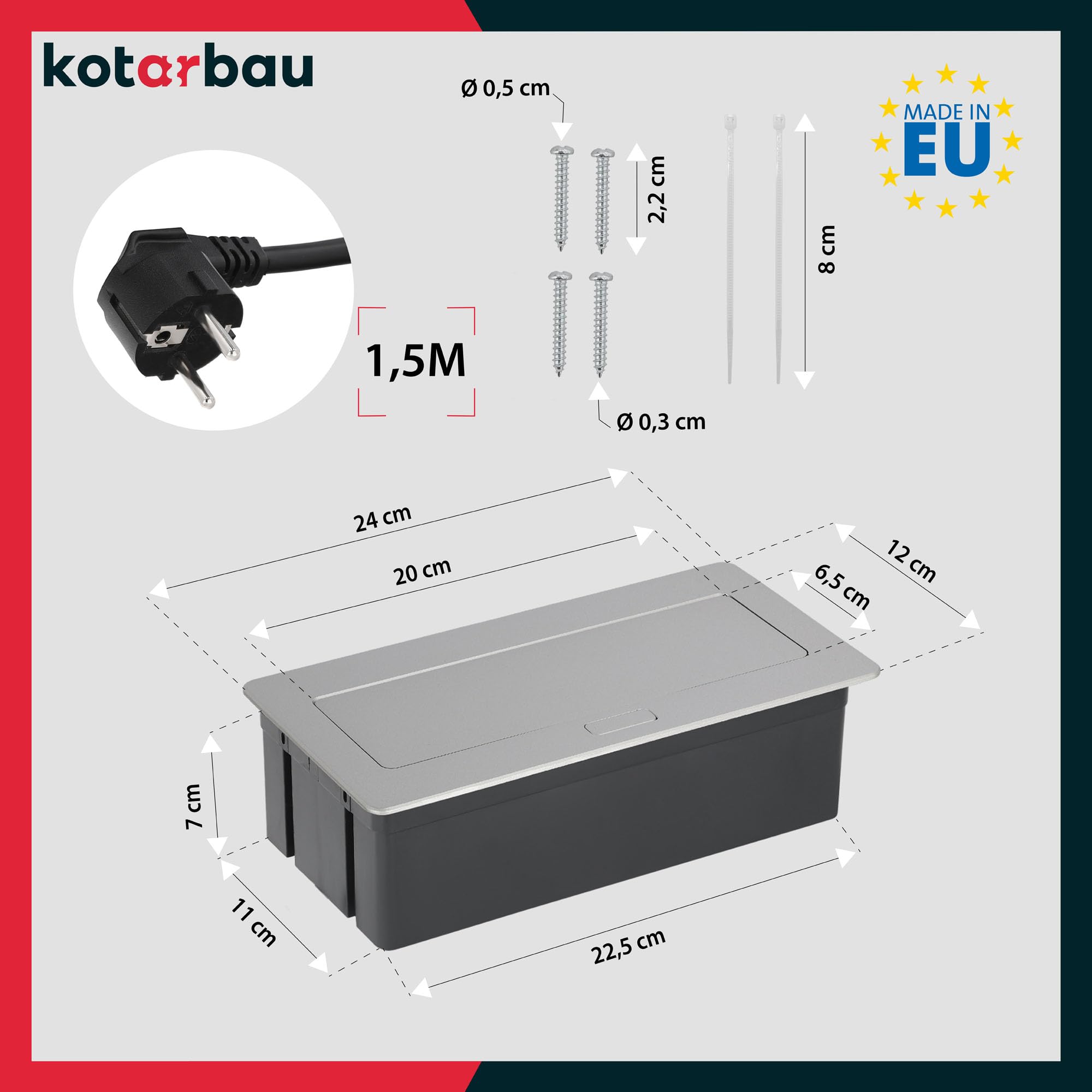 KOTARBAU® - Ciabatta elettrica a 2 prese, con porte USB, in alluminio, colore argento
