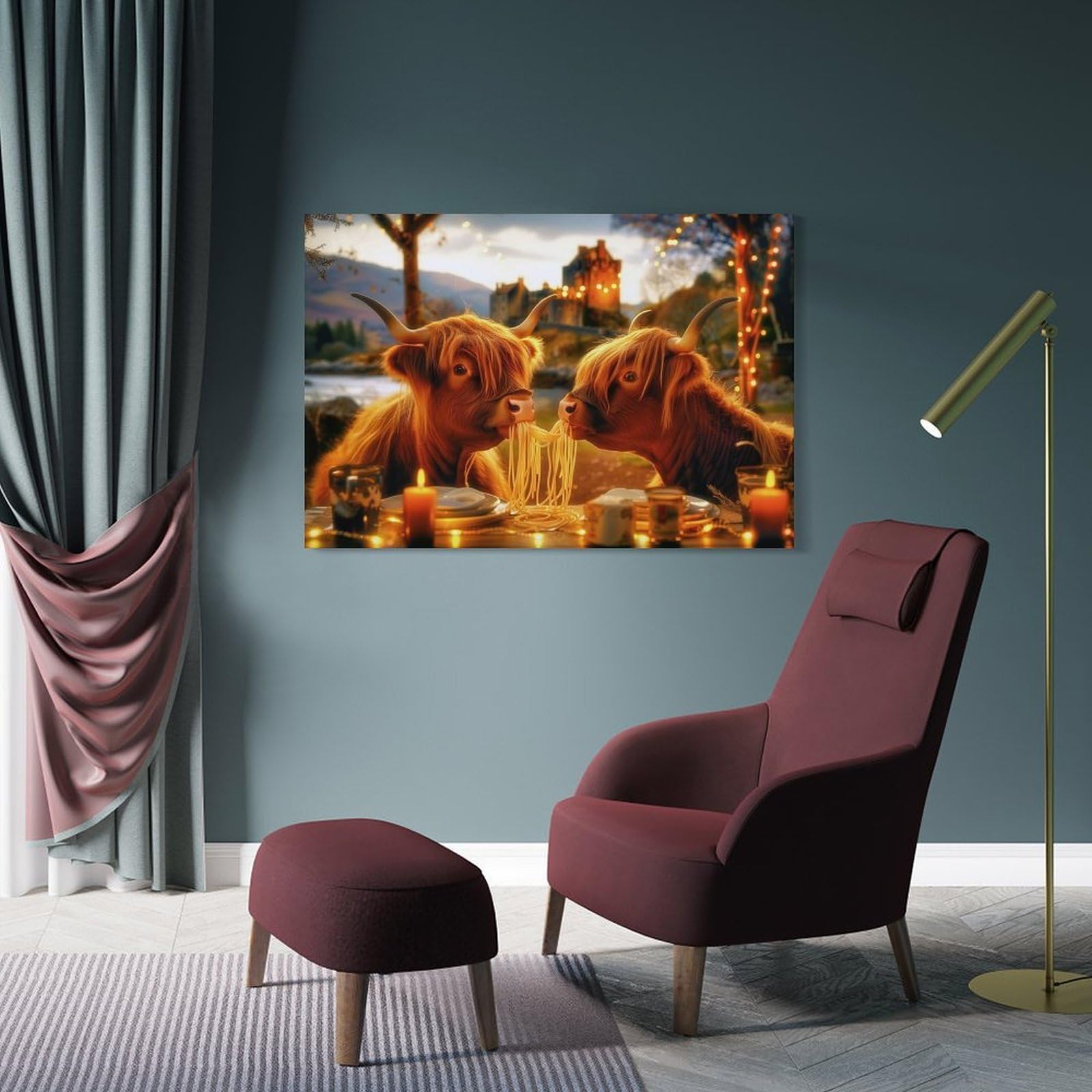 Junmoney Canvas Art Print Highland Cow Romantic Meal, 20x30inch(50x75cm), for Home Office, Desk Area Or Studio, Wall Art That Adds Style to Work Areas