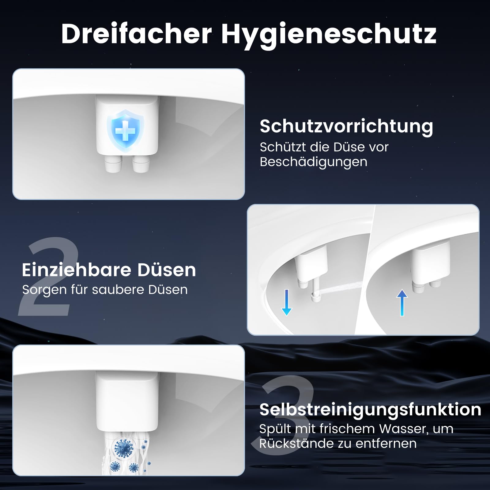 FEELSO ultraflacher Bidet mit Filter, Doppeldüsen für Vor-/Rückreinigung | Bidet-Aufsatz mit selbstreinigenden Düsen, ohne Strom, frei einstellbarer Wasserdruck, integrierter Kalkfilter für Hartwasser