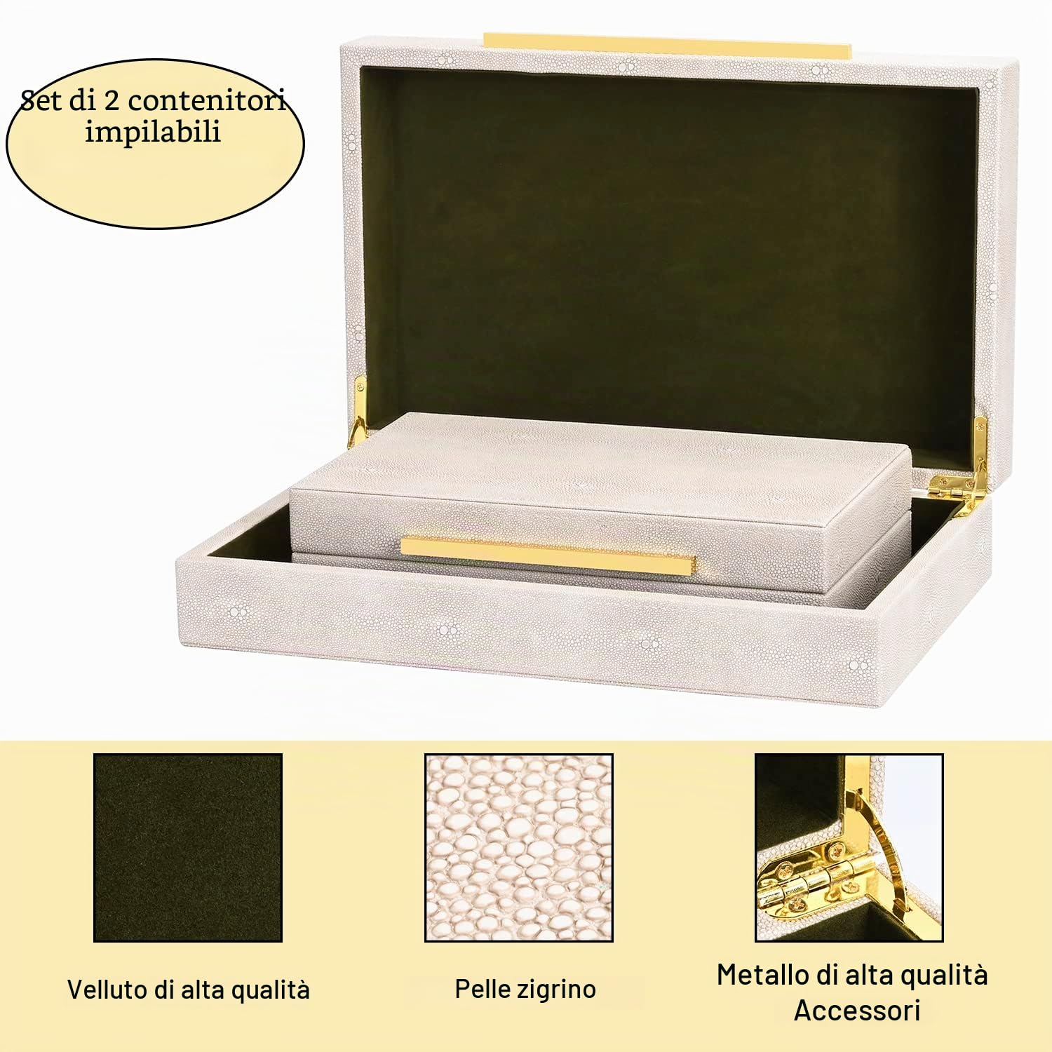 Set di 2 grandi scatole decorative impilabili in similpelle con coperchio, per decorazione domestica moderna, avorio