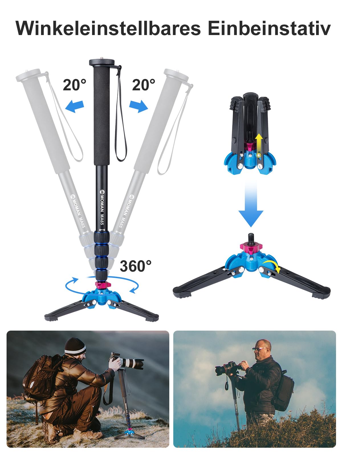 Moman Einbeinstativ Kamera Stativ Einbein Reisestativ mit Standspinne, DSLR Monopod Wanderstock, 0,64kg mit Stativfuß, Leicht Tragbar Aluminium Bergstock, max. 165cm, 360 Grad drehbar 5-10kg Nutzlast