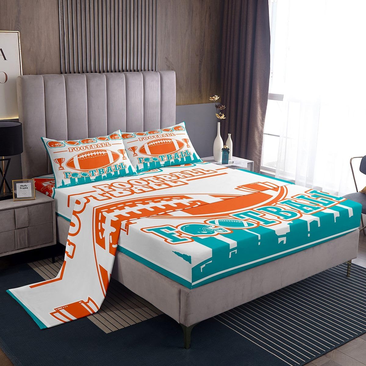 Erosebridal Football Bed Sheets Twin Size,Turquoise Football City Sheets for Sports Fans,Boys Girls Teal White Rugby Bedding Set,Ball Competition Flat Fitted Sheet,Soft Cozy