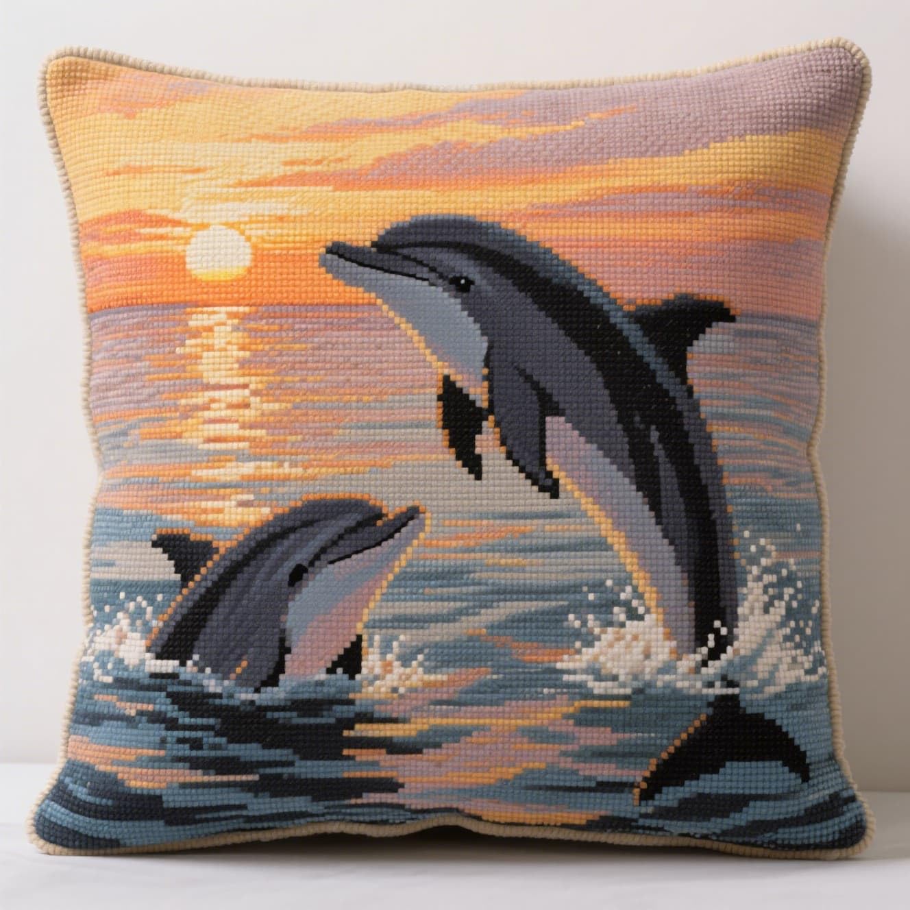 Henypt Latch Hook Cushion Kits, Animal Dolphin Latch Hook Pillow Case Kits Embroidery Kit, DIY Sofa Cushion Making Kit,43x43cm