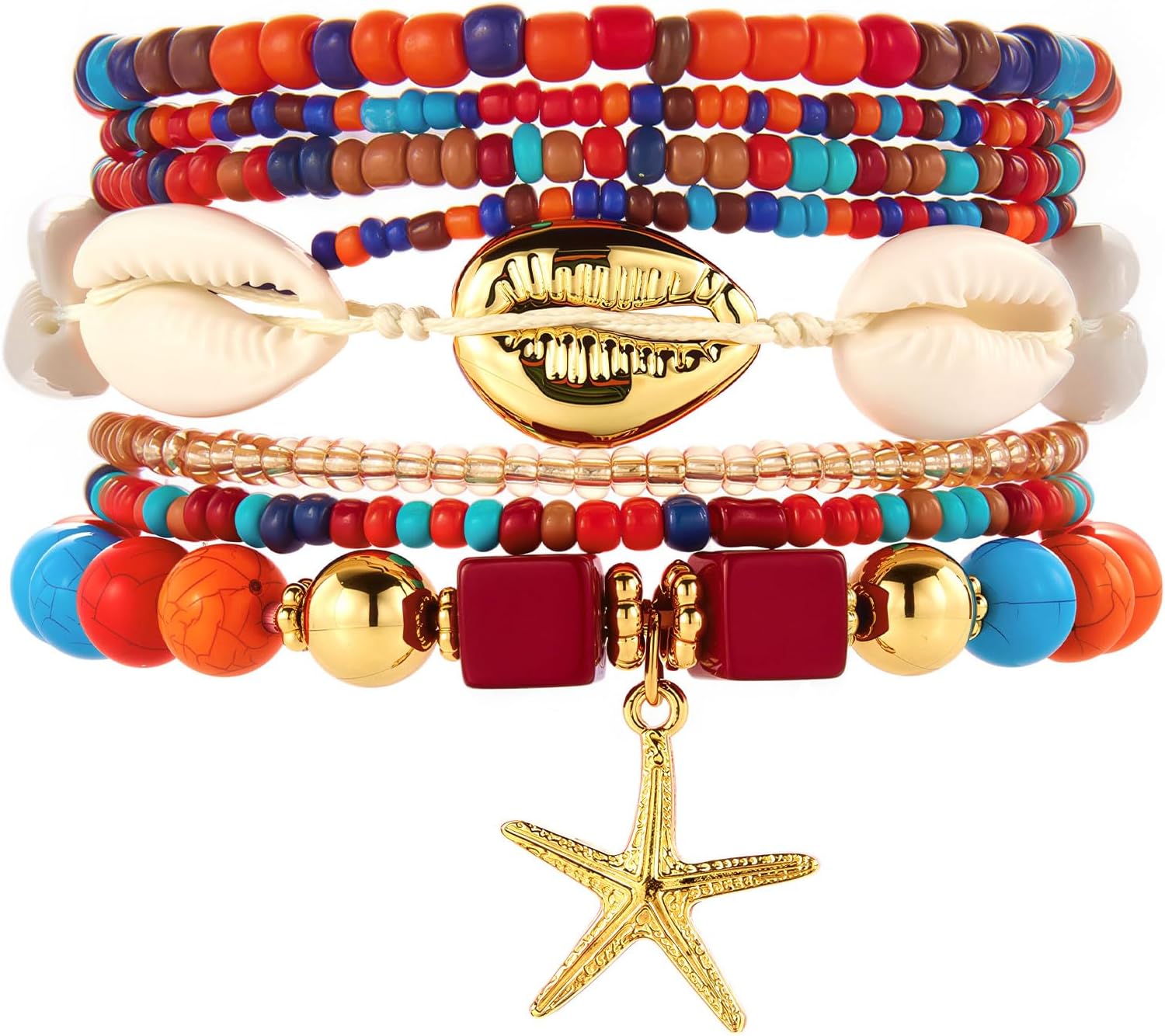 CHICUTIE Bohemian Stretch Beaded Bracelets Set, Colorful Stackable Multilayer Handmade Bracelet Shell Sea Star Summer Beach Boho Vacation Charm Jewelry Gifts