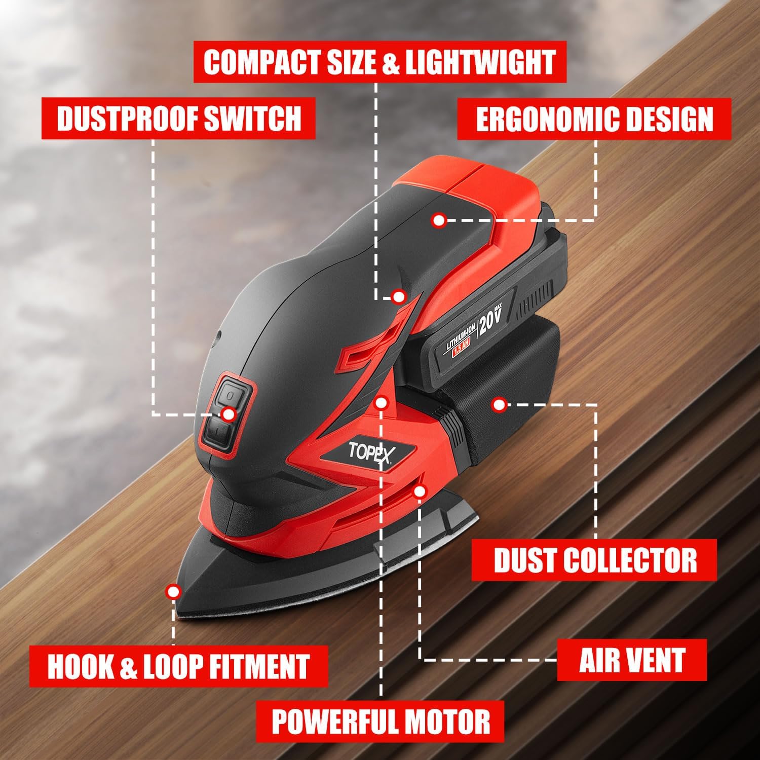 TOPEX 20V Cordless Detail Sander Electric Mouse Sander Handheld Sanding Machine Small Triangular Palm Sander for Home Decoration Furniture Finishing with Sandpaper & Dust Bag