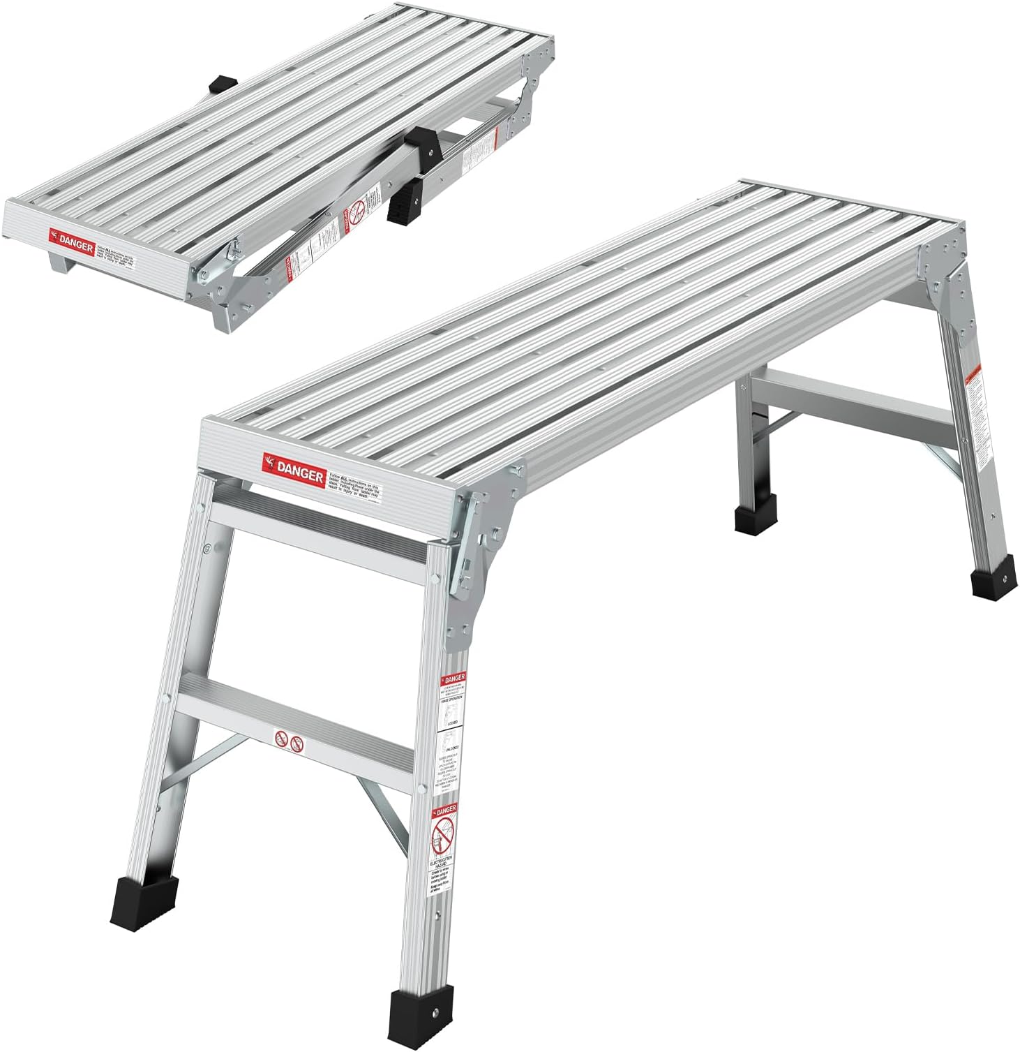 40" Aluminum Work Platform, Adjustable Height Folding Step Stool with Independent Telescopic Feet for Uneven Ground & Stairs, Heavy Duty Portable Drywall Bench Ladder,DIY Projects