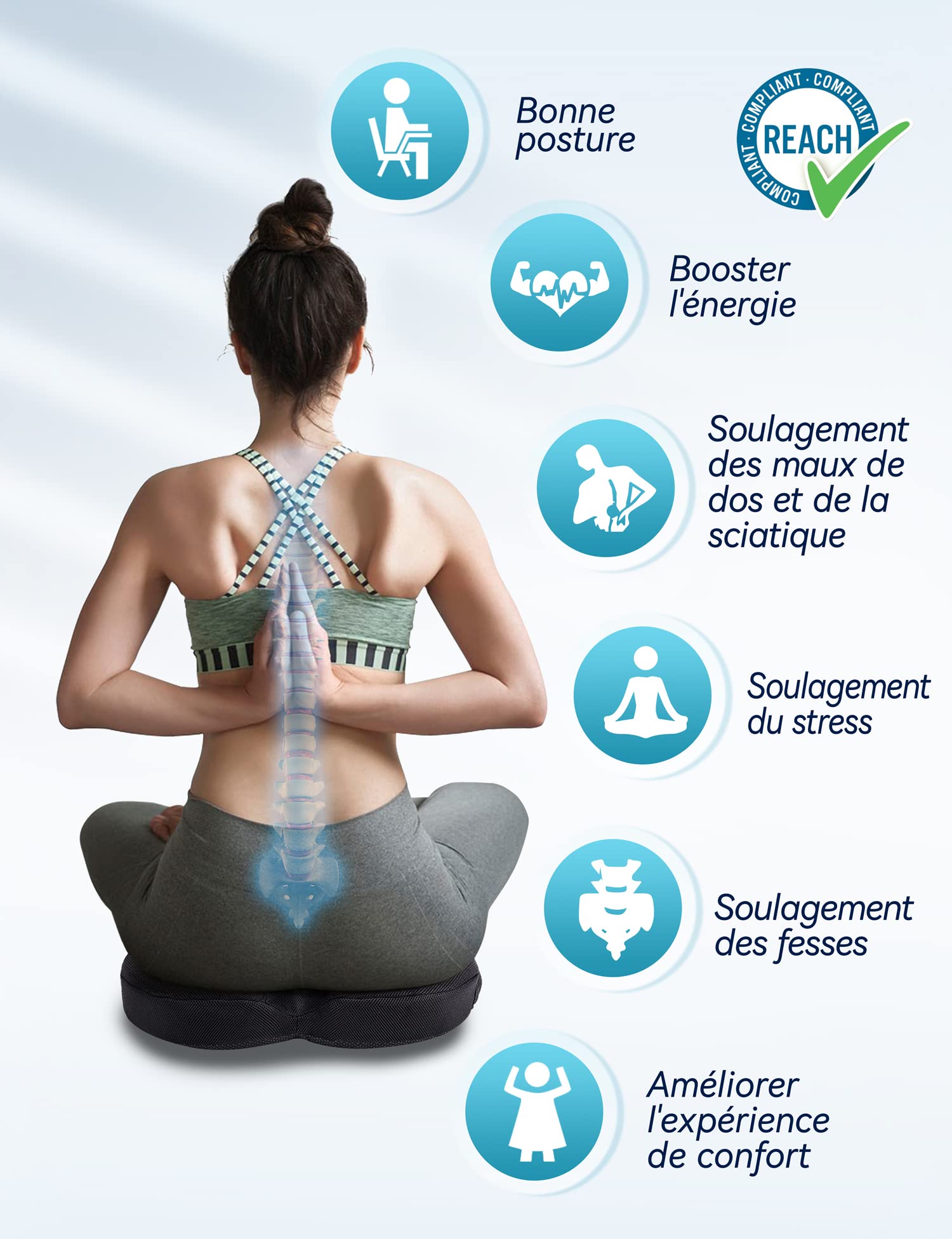 Travel Ease Coussin de Siège Ergonomique, Coussin de Chaise en Mousse à Mémoire Gel avec Base Antidérapante pour Confort Longue Durée, Coussin de Hanche pour Chaise de Bureau, Siège de Voiture (Noir)