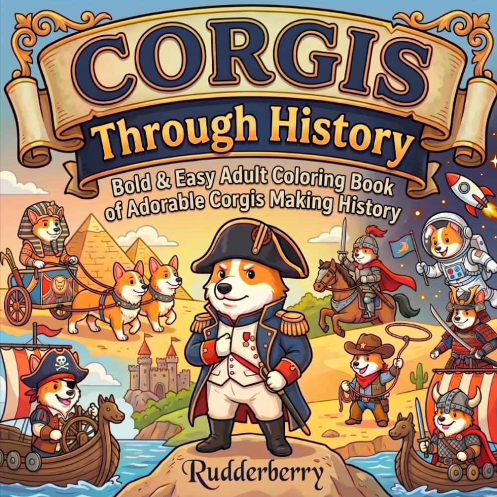 Corgis Through History: Funny Adult Coloring Book: 50 Bold & Easy Hilarious Corgi Illustrations in Epic Historical Scenes for Stress Relief & Relaxation (The Rudderberry Corgi Collection)