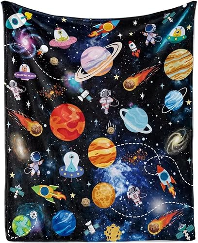 Manta de bebé espacial, manta suave de astronauta para el espacio exterior, para niños, guardería, cuna, acogedora manta de franela con sistema