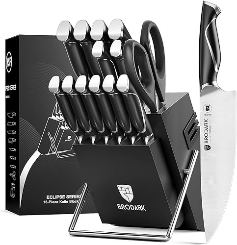 BRODARK Juego de cuchillos de cocina con bloque y afilador integrado, 15 piezas de cuchillos de chef profesionales de espiga completa, juego de