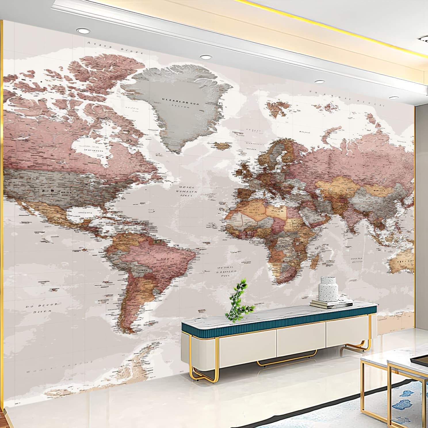 Genérico Home Decor fototapeta 350x256cm mapa świata retro panoramiczna tapeta wymienna do odklejenia i przyklejenia szara do salonu sypialni, jadalni HD tapeta