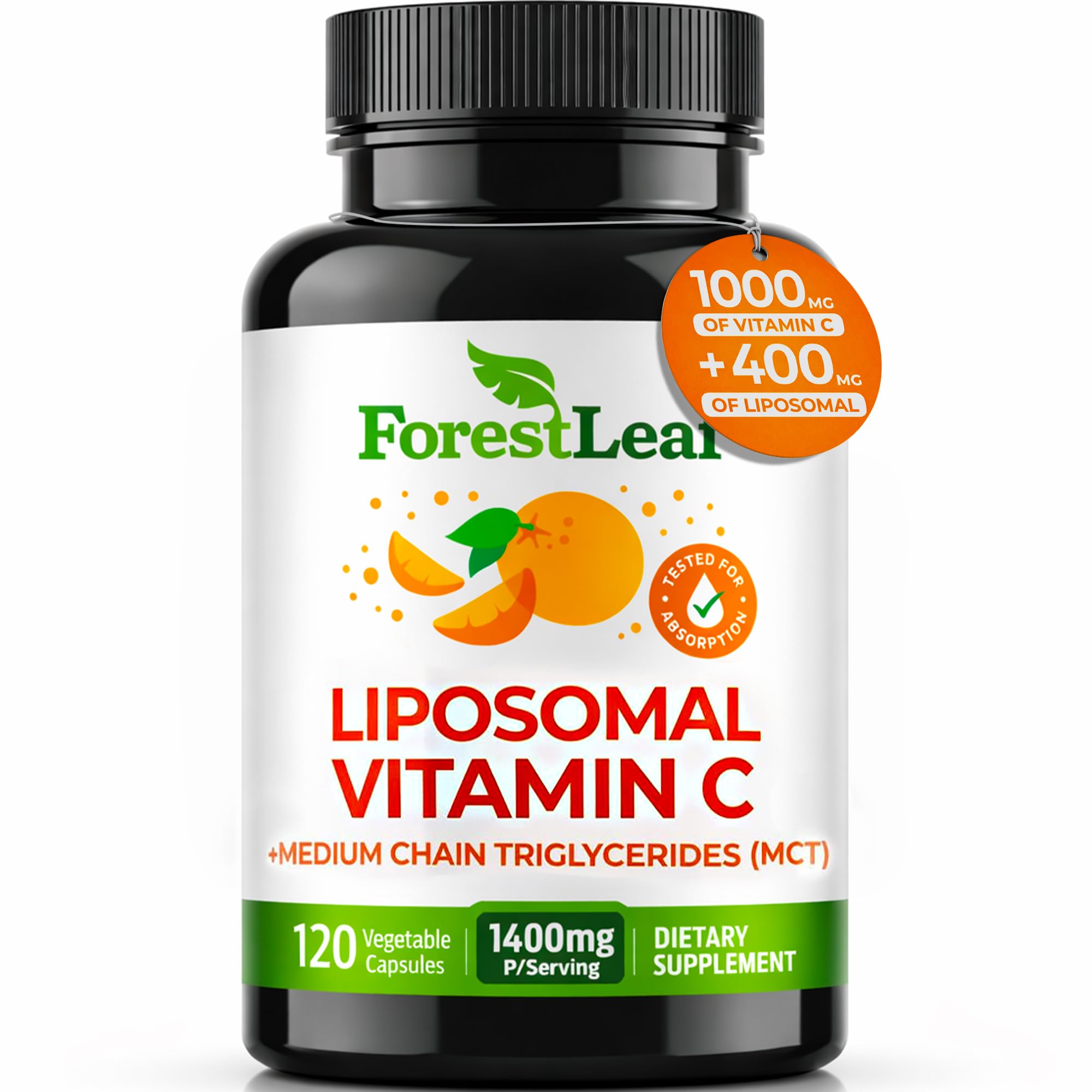 ForestLeaf Liposomal Vitamin C 1400mg Capsules | High Dose Vitamin C Liposomal Supplement w Coconut Oil Fatty Acids | Fast Absorption | Immune Support, Antioxidant, Collagen Production | 120 Vegan Cap