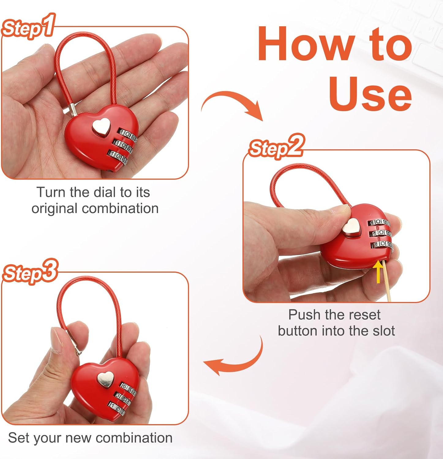 PATIKIL 3 Digit Cable Combination Lock, 3 Pcs Heart Shape Cable Lock with Combination 4.3" Steel Rope for Gym Bikes Cabinets Wardrobes Small Fences, Red