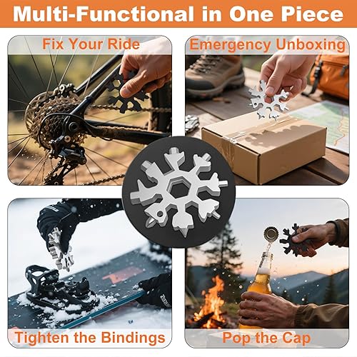 Miniatura 7 de Paquete de 2 multiherramientas de copo de nieve, multiherramienta 18 en 1 de acero inoxidable con mosquetón, abrebotellas y llave, rellenos de