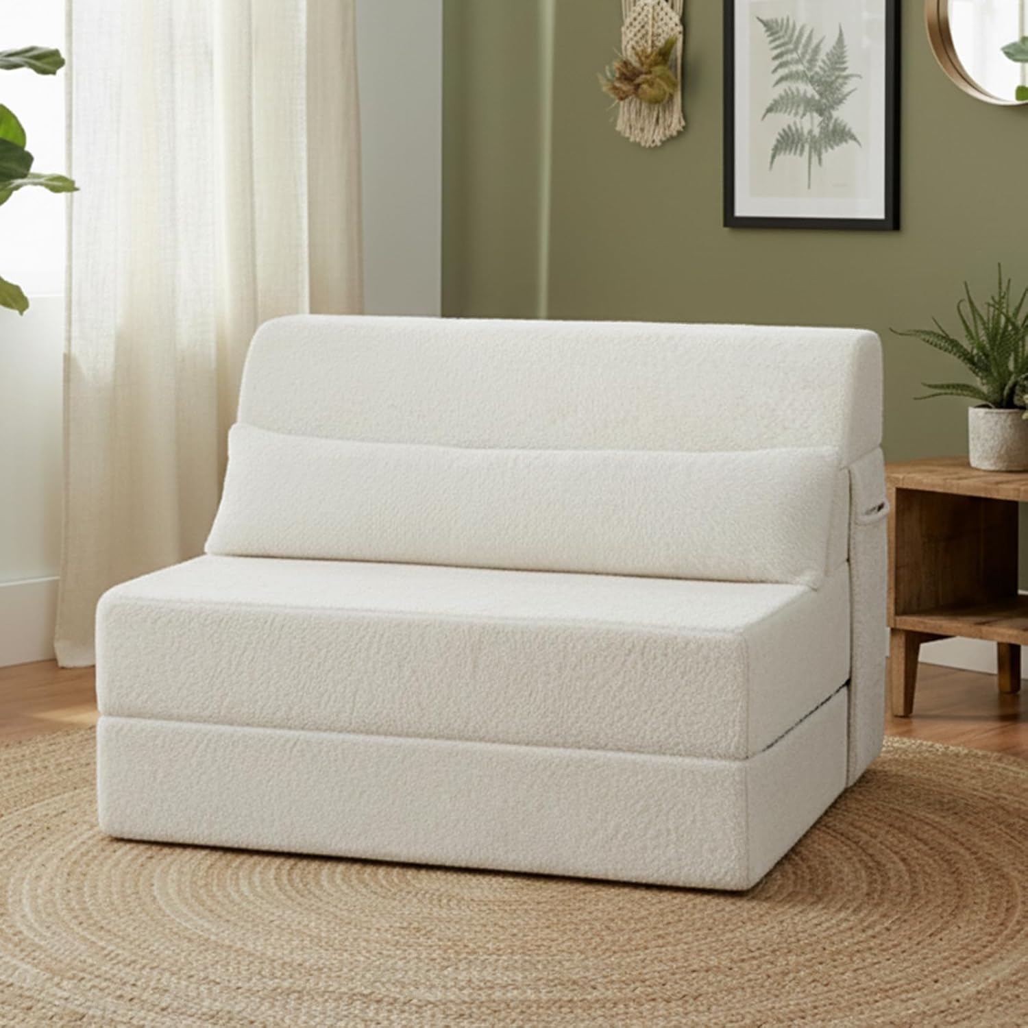 Tiita Convertible Folding Sofa Bed Mattress with Pillow & Side Pocket, Plush Fabric Floor Mattress Couch Bed, Washable Cover, Twin Size, Beige image 2