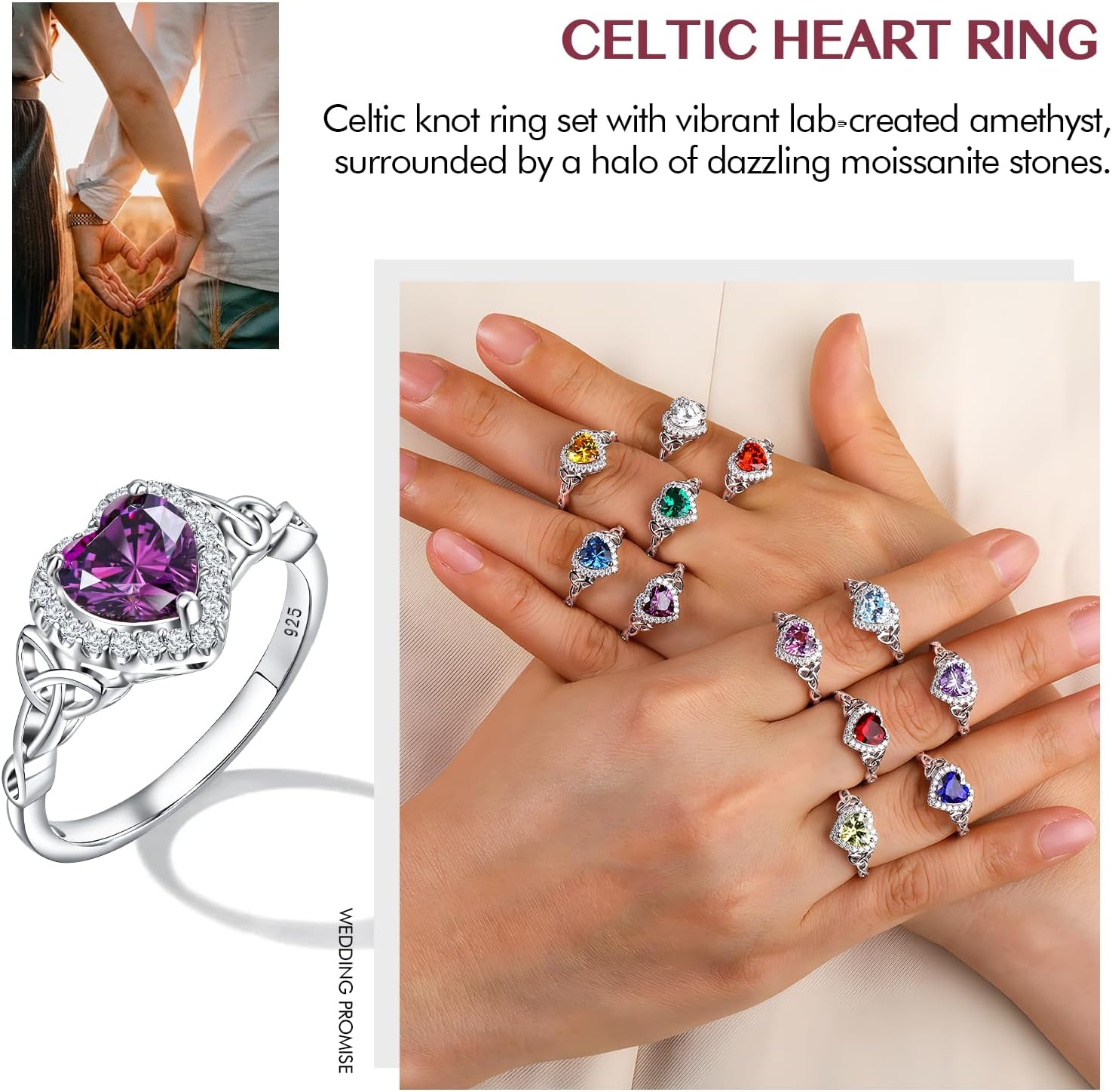 DAYBYDAY Celtic Birthstone Rings for Women 925 Sterling Silver Heart/Round/Pear/Oval Created Gemstone Moissanite Halo Engagement Promise Rings for Her Wife Birthday Anniversary Wedding Jewelry - Image 2