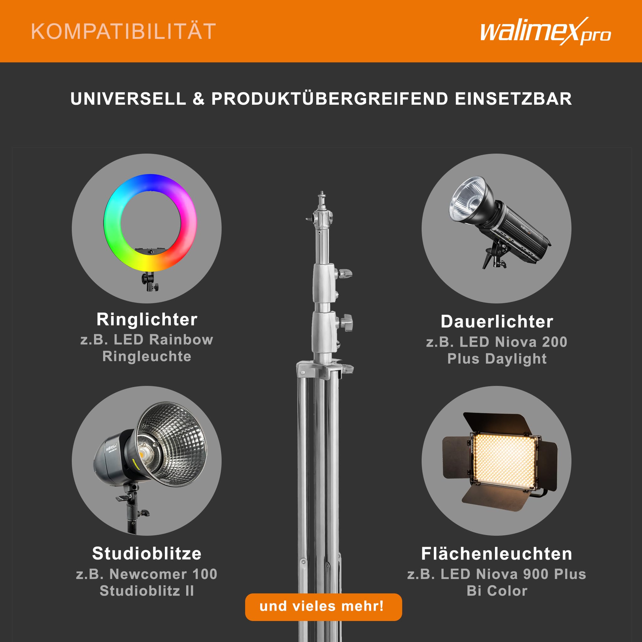 Walimex pro Heavy Duty - Treppiede per lampada in acciaio inox, portata fino a 15 kg, regolabile in altezza fino a 270 cm, ammortizzato con custodia e adattatore per spigot con filettatura da 1/4 e 3