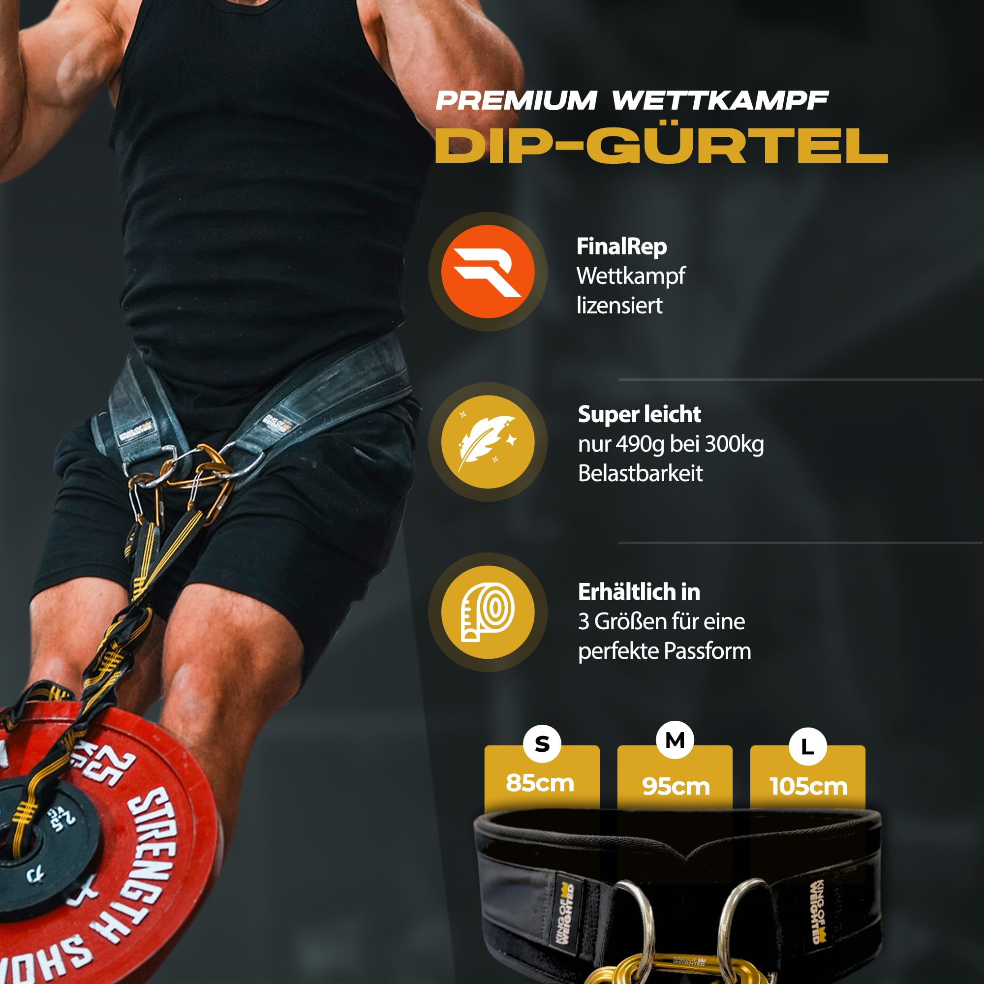 Dip Belt, wettkampf-konformer Dip Gürtel mit Seil + 3 Karabiner, Gewicht Gürtel für Calisthenics, Streetlifting, Krafttraining, Bodybuilding, Gewichtheben - 300kg Belastbarkeit