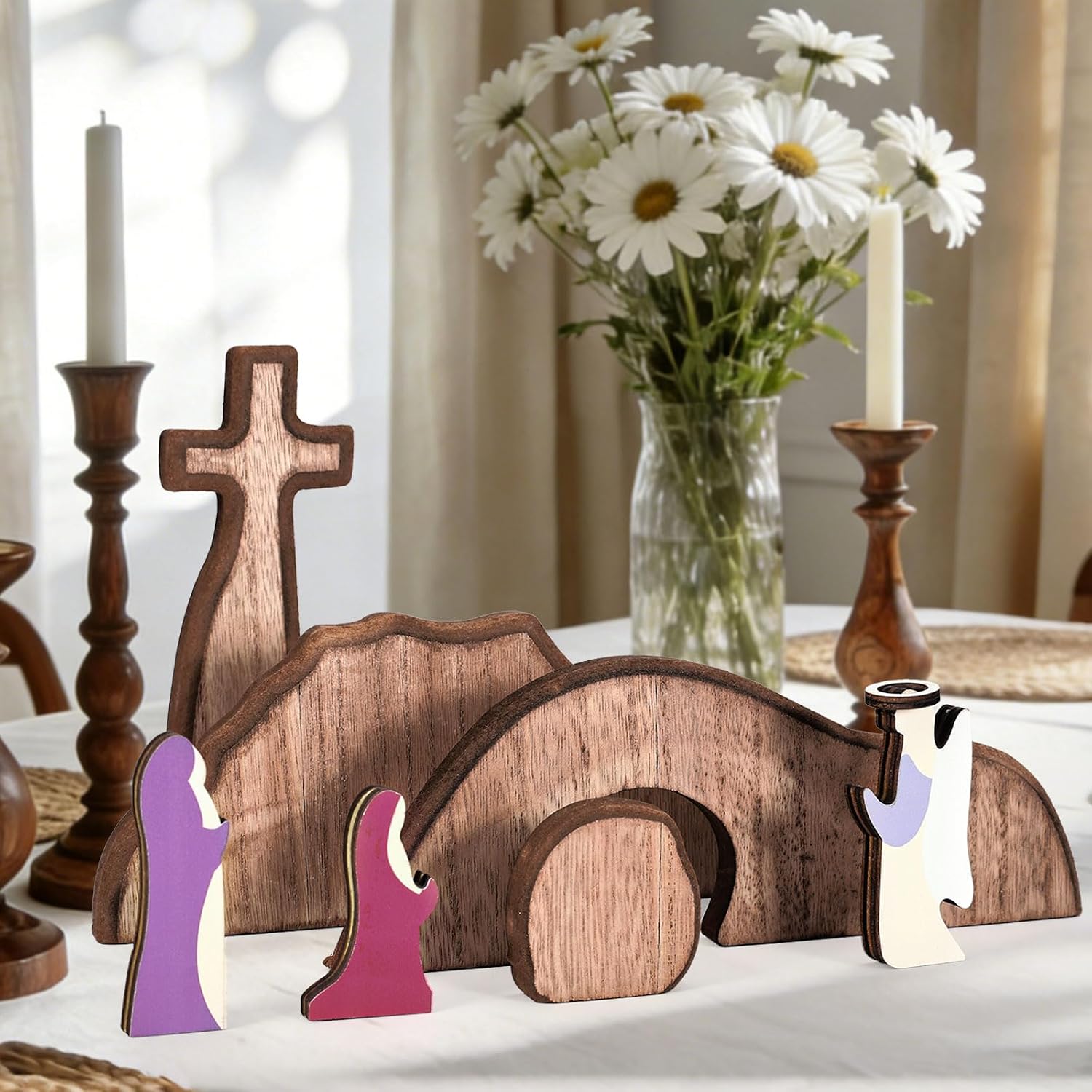 JarThenaAMCS Empty Tomb Easter Table Scene and Cross Decoration Wooden Jesus Nativity Scene He is Risen Centerpiece for Christian Party Home Tabletop Tray Decor, Set of 7 Pcs