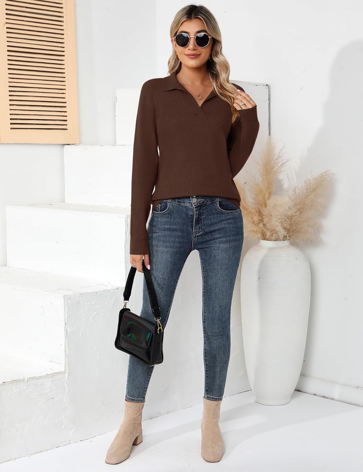 Romanstii Women's Knitted Collared Sweaters Long Sleeve V-Neck Polo Shirts Winter Pullover Tops - Image 7