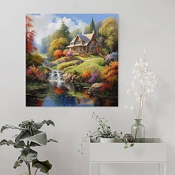 Amazon.com: Colorful Country House Canvas Wall Art Hill Flowers