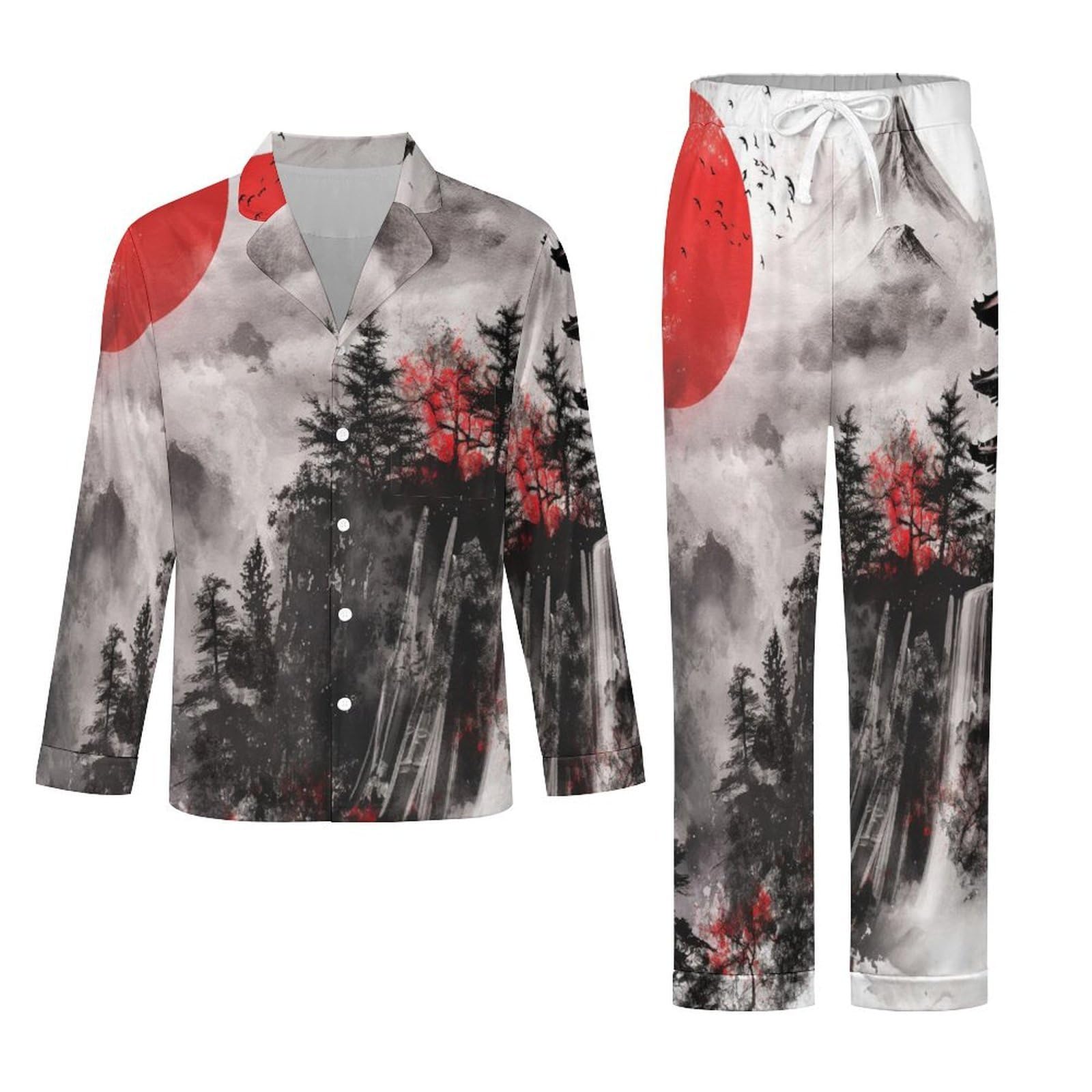 OLEETS Completo Pigiama da Uomo - Foresta di Montagna Top E Pantaloni in 2 Pezzi Pigiama Casual E Ampio A Maniche Lunghe Morbido Autunnale E Invernale.