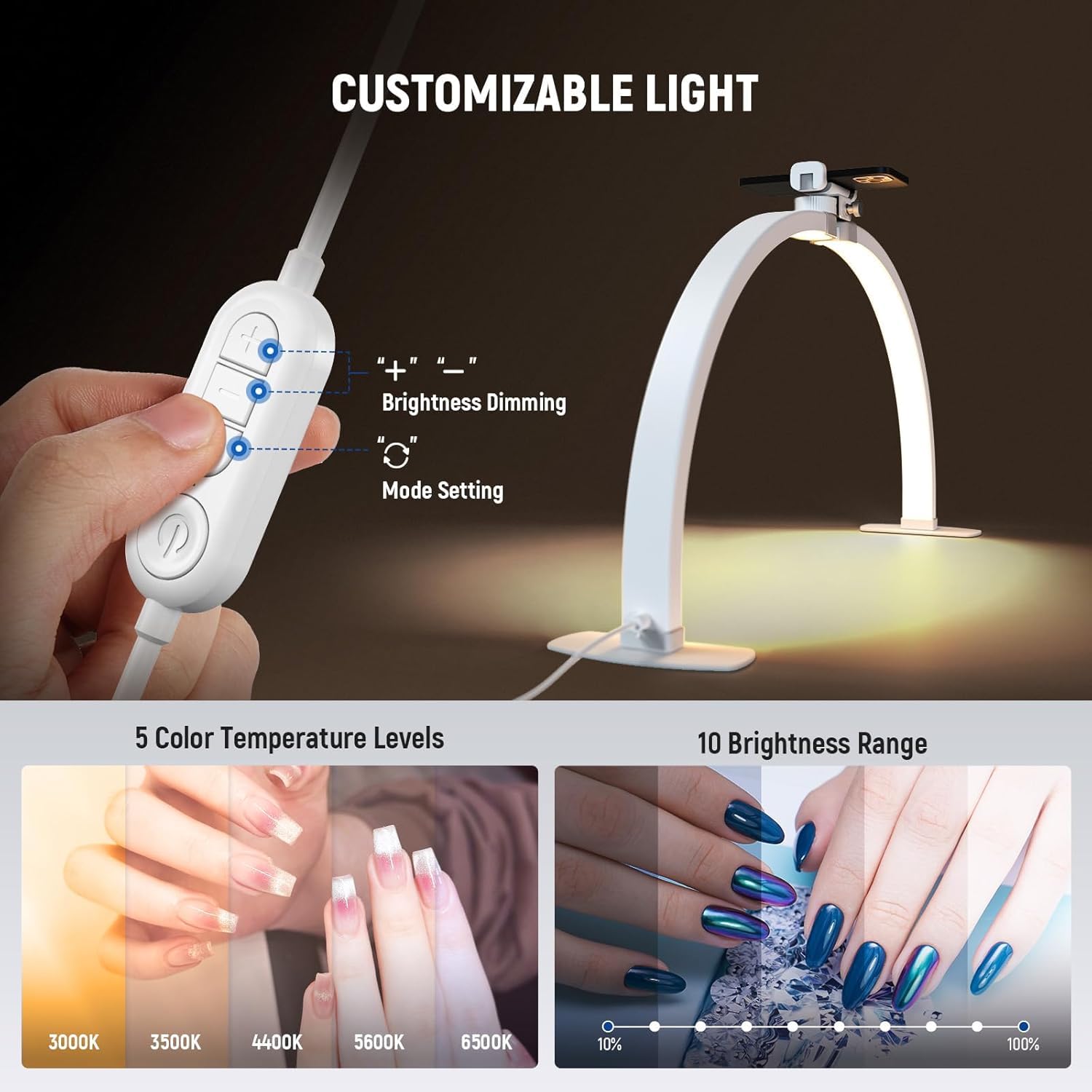 NEEWER Basics HM02-D lampa do paznokci z półksiężycem na stół, 36 W, składana lampa do studia paznokci, lampa LED, do manicure, półpierścieniowego światła z uchwytem na telefon komórkowy, do makijażu