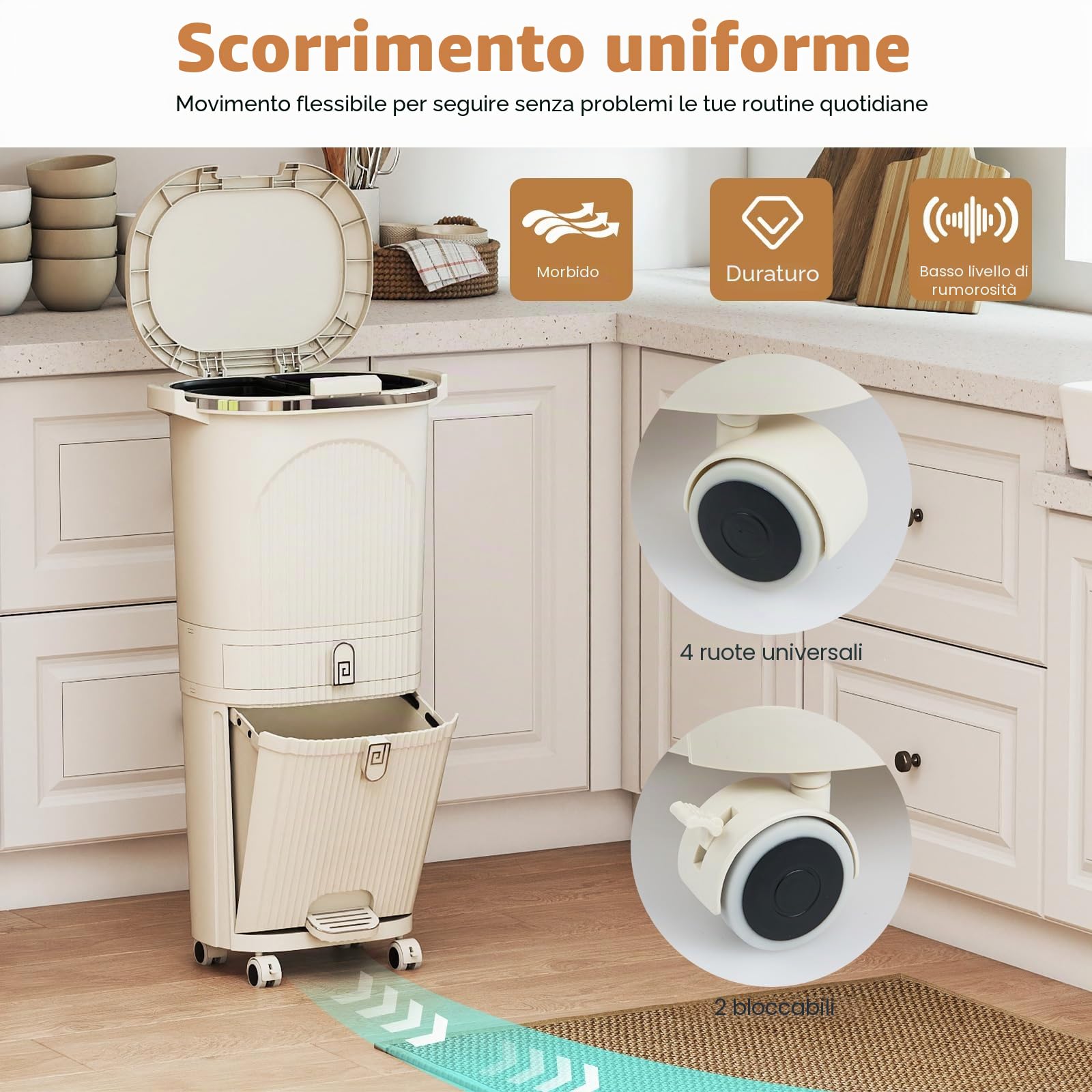 GIANTEX Pattumiera da cucina, 3 scomparti, 42 l, pattumiera con rotelle, pattumiera a pedale con pedale a piedi e maniglia, pattumiera da cucina in plastica, contenitore per rifiuti