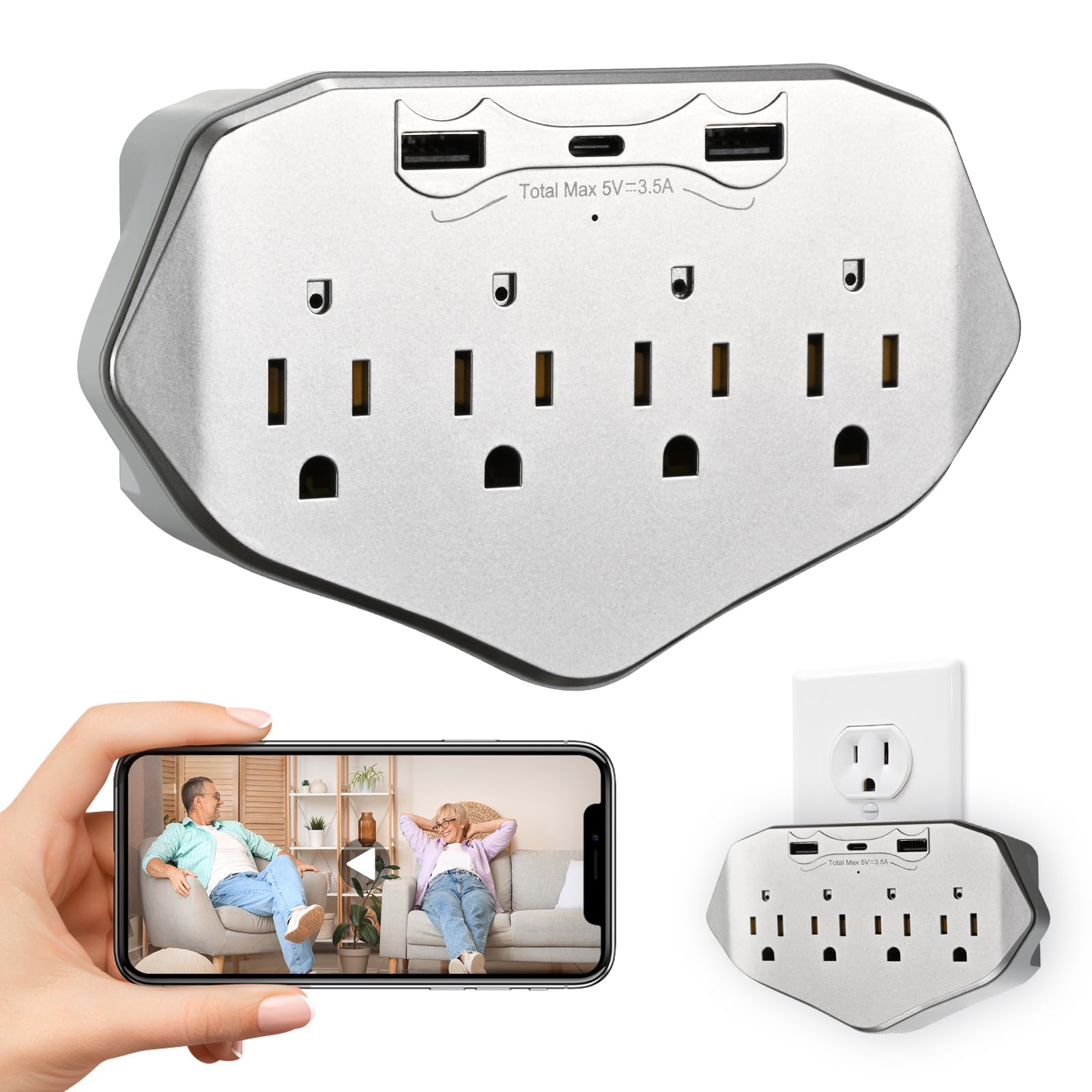 Upgraded Hidden Camera wall Outlet Camera 1080P HD WiFi Outlet Camera 4in1-45w 4 AC Outlets with USB Ports