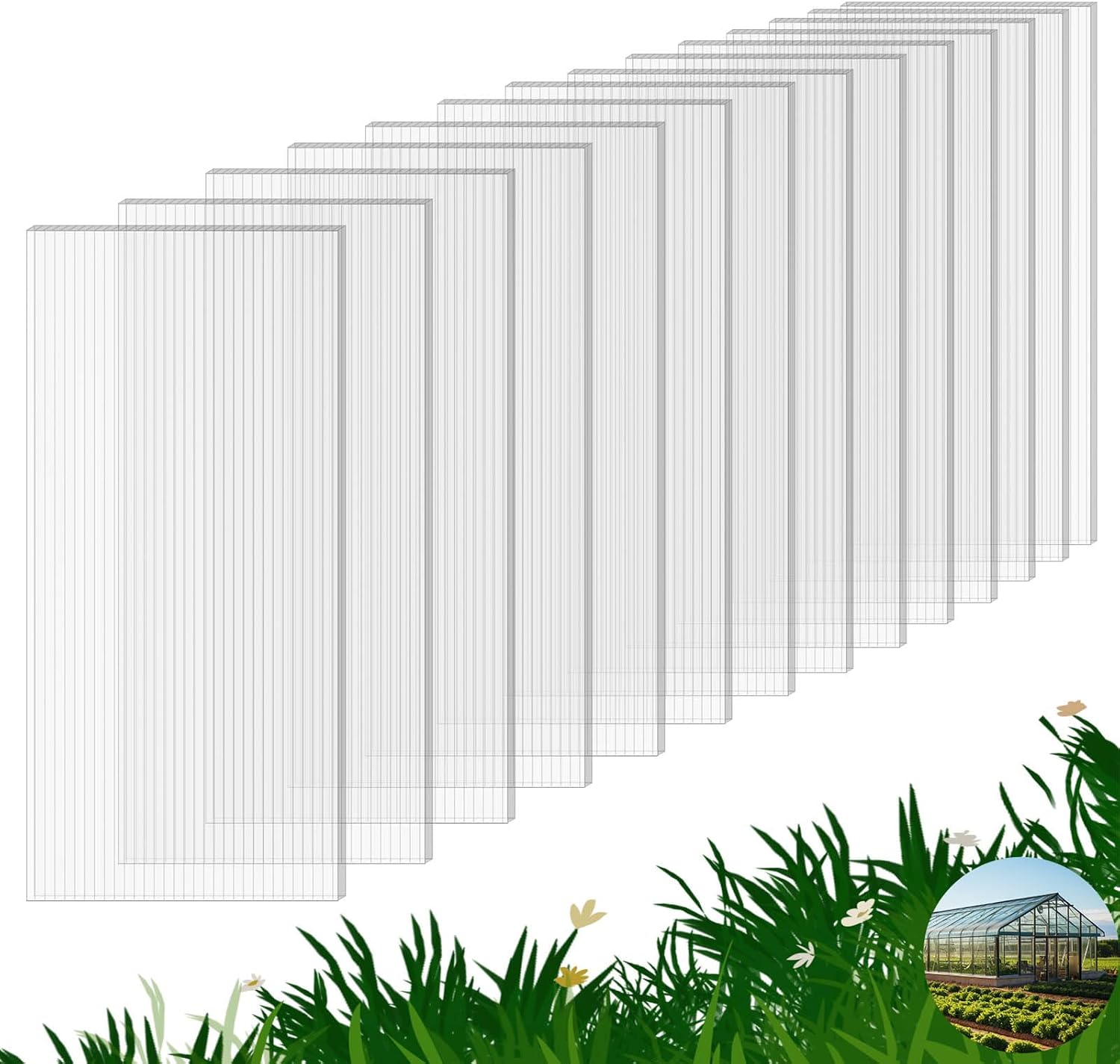 14 Pack Polycarbonate Greenhouse Panels, 4' x 2' x 0.16" Twin-Wall Polycarbonate Sheets for All Weather Greenhouse Covering, Excellent Light Transmission & Weather Resistance for Optimal Plant Growth