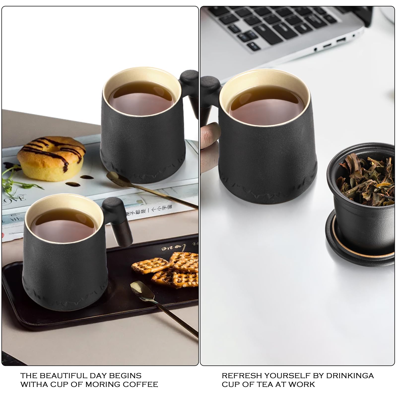Teetasse mit Teesieb und Deckel 400ml Keramik Teebecher für grünen Tee Kaffeemomente (Schwarz)