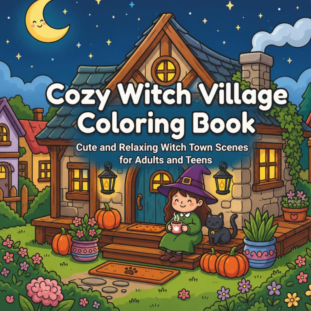 Cozy Witch Village Coloring Book: Cute and Relaxing Witch Town Coloring Pages for Adults and Teens