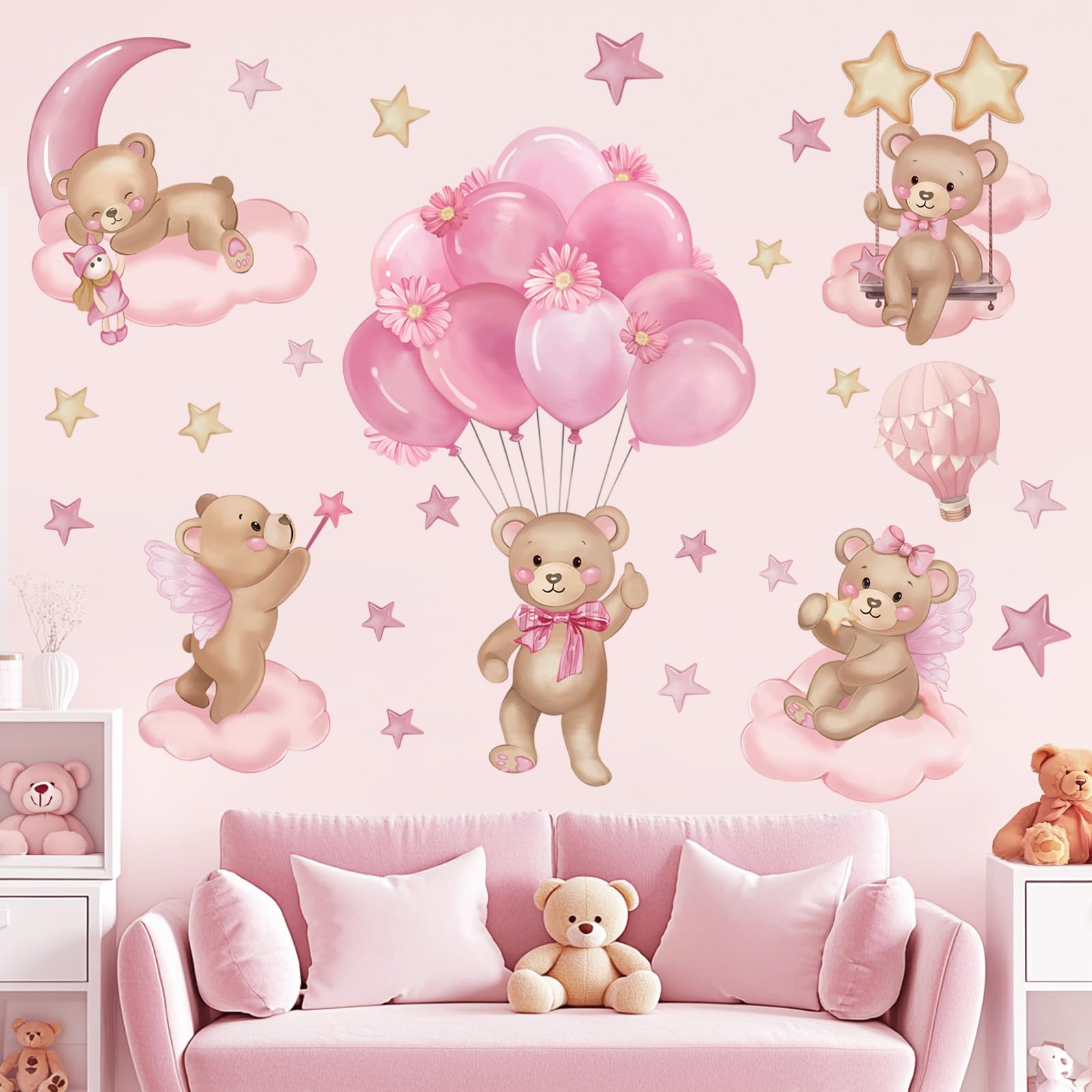 wondever Pink Balloon Bear Wall Stickers Hot Air Balloon Animals Clouds Stars Peel and Stick Wall Art Decals for Baby Nursery Kids Girls Bedroom - Image 2