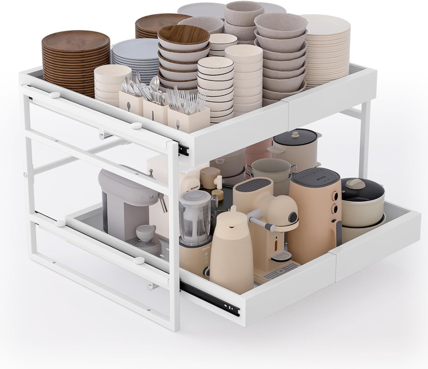 2 Tier 21'' Deep Pull Out Cabinet Organizer Expandable Width (14'' to 23'') Pull Out Drawers for Framed Cabinets, Heavy-Duty Slide Out Organizers and Storage for Kitchen Pantry, Basement, Garage White