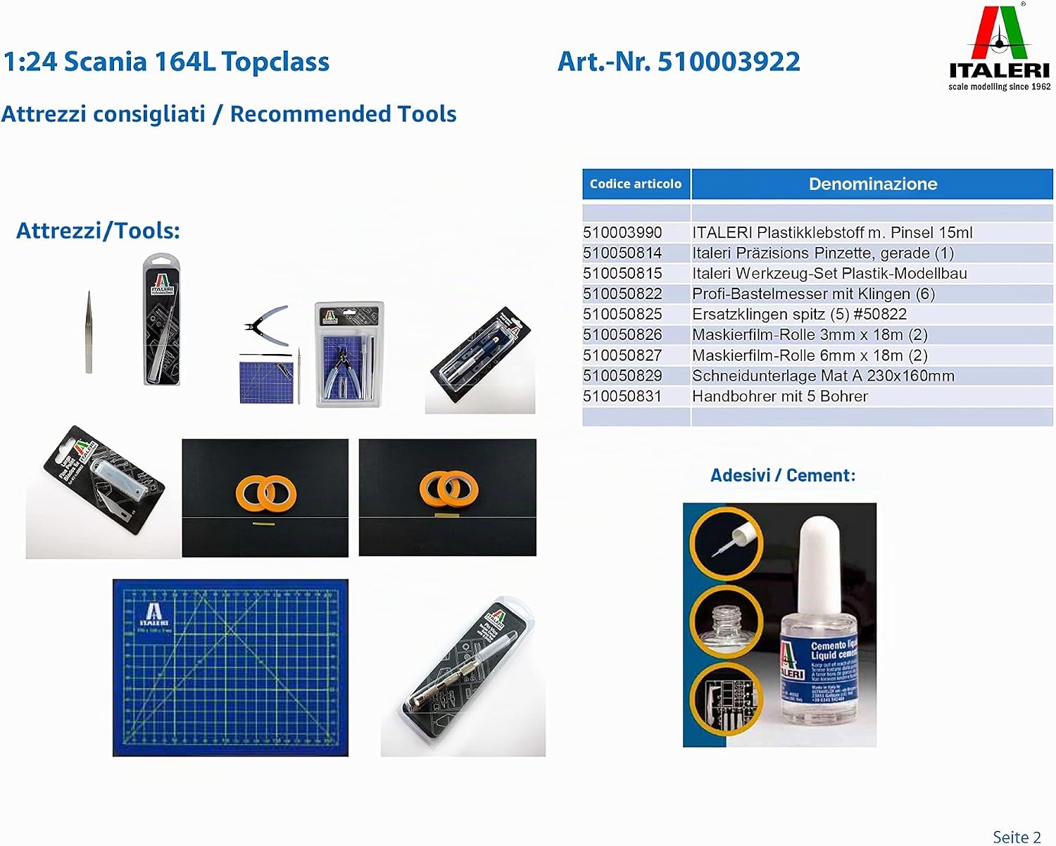 Recommended modeling tools including glue, tweezers, and cutting mat