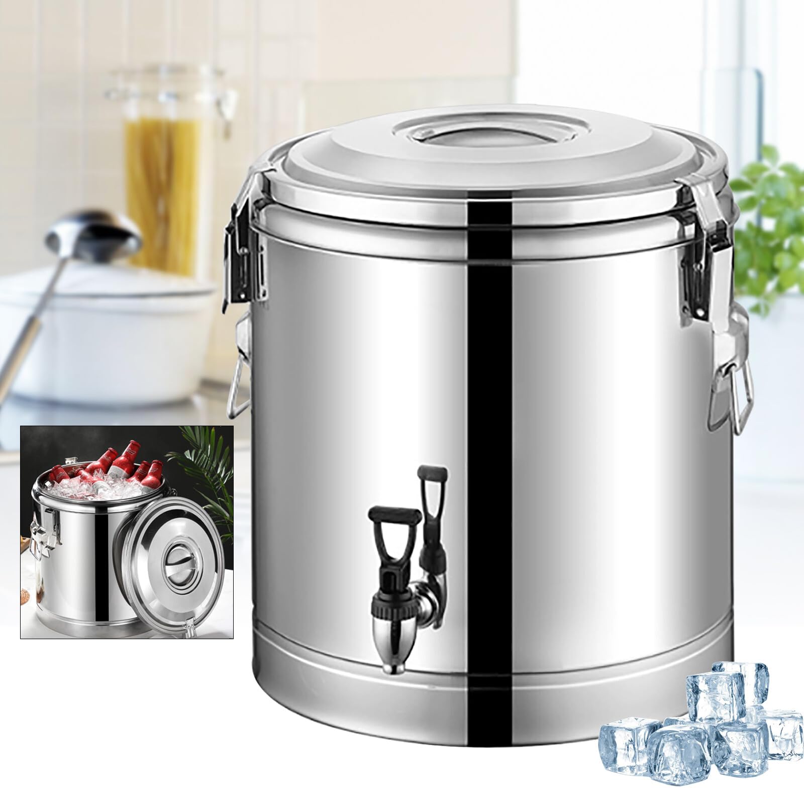 Secchio isolante in acciaio inox da 40 l, con rubinetto, contenitore professionale per conservare zuppe, acqua, tè, succhi e bevande