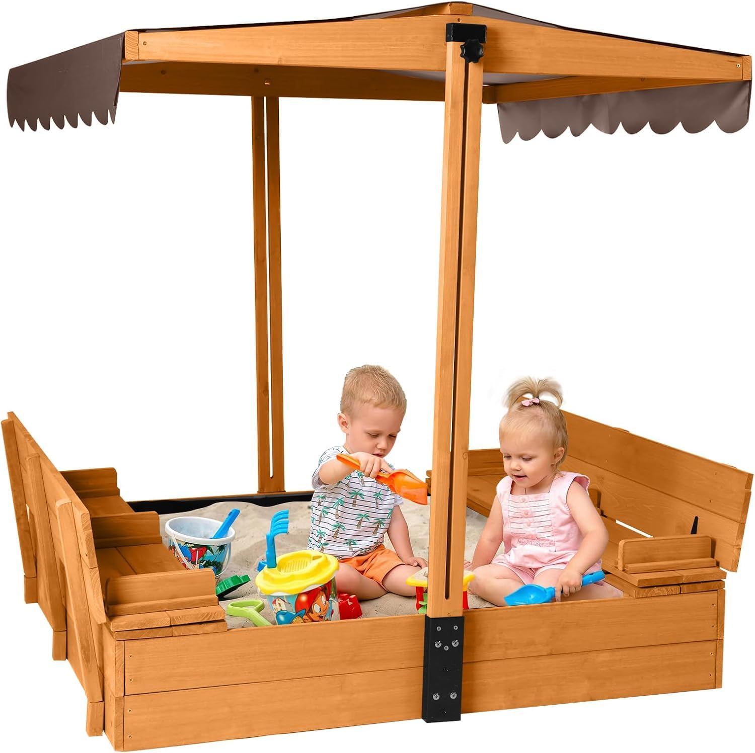 Aivituvin Kinder Sandkasten mit Abdeckung, 120x120x132cm Holz Deckel sandkiste mit aufziehbarer Dach, faltbaren Sitzbänken für draußen (Naturholzfarben)
