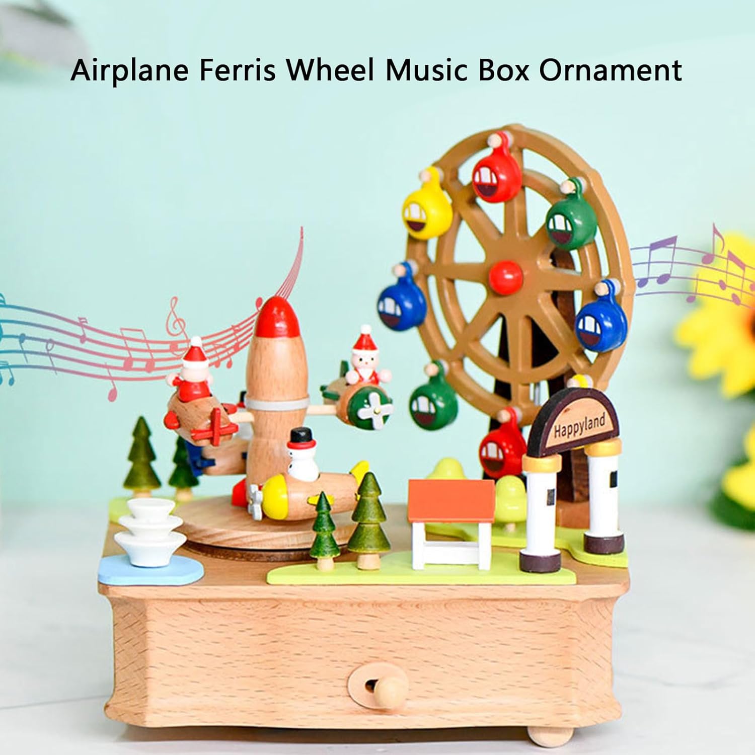 回転航空機とホイールオルゴール木製デスクオーナメントクラシックメロディー付きクリスマスお祝いパーティーギフトミュージカルクリスマス